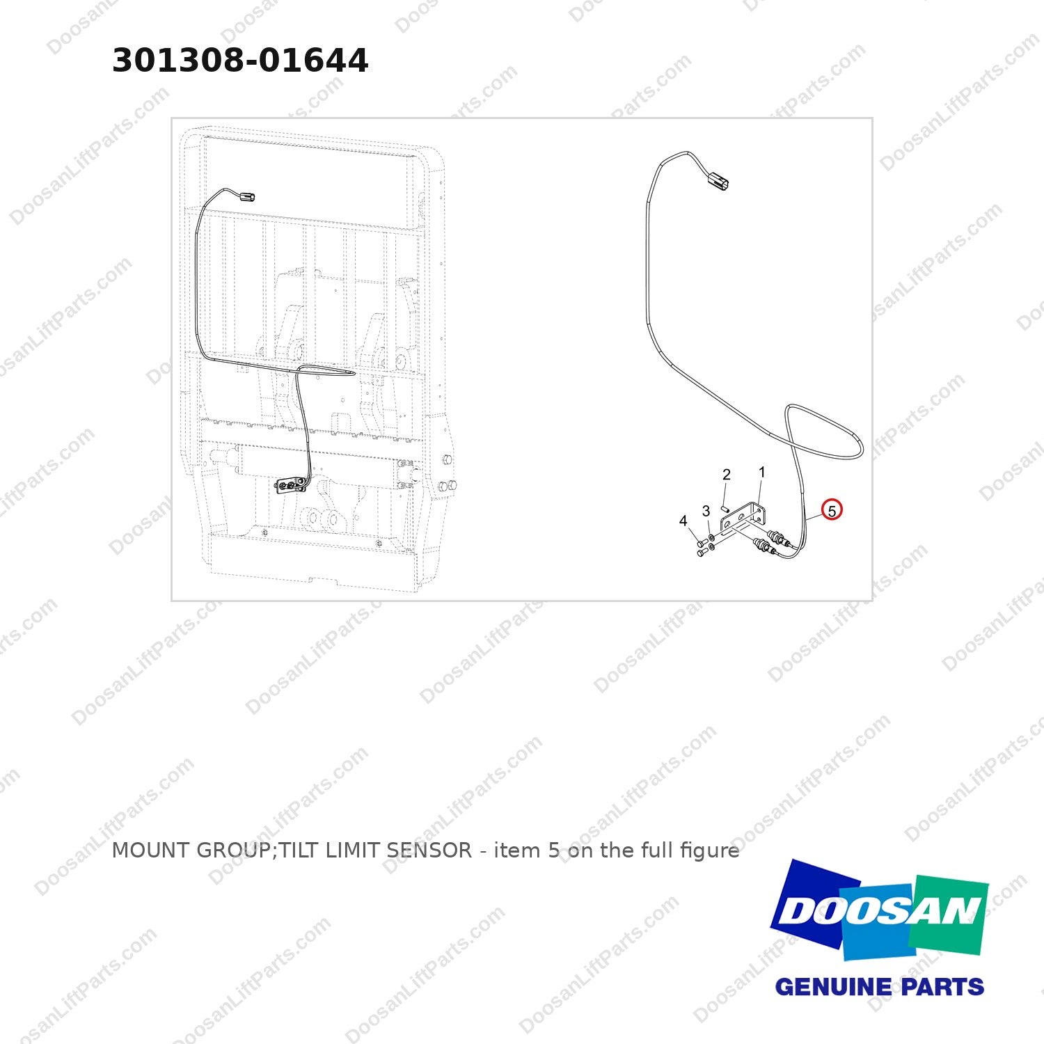 301308-01644 MOUNT GROUP;TILT LIMIT SENSOR - full parts diagram, item 5 marked - genuine Doosan / Bobcat forklift part