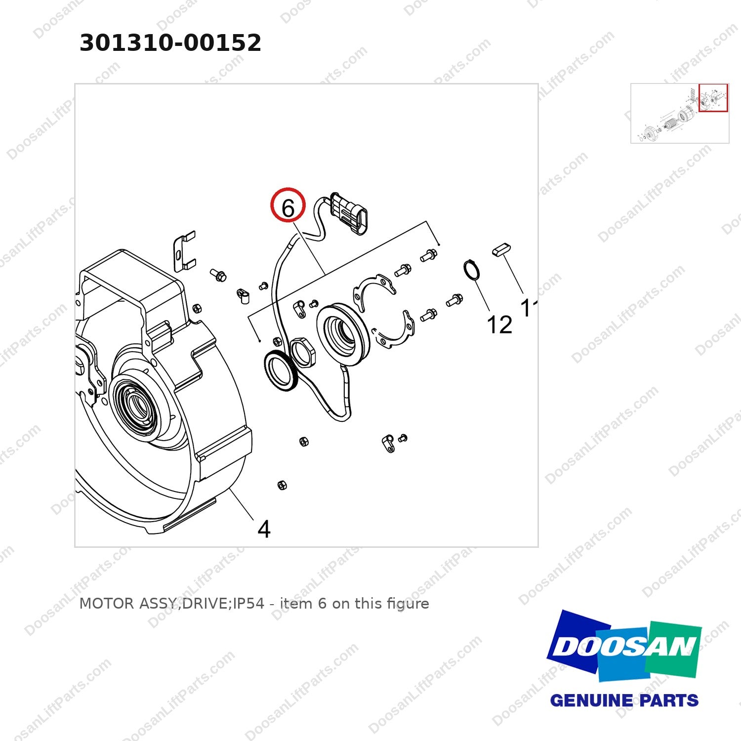 301310-00152 MOTOR ASSY,DRIVE;IP54 - parts diagram, item 6 shown - genuine Doosan / Bobcat forklift part
