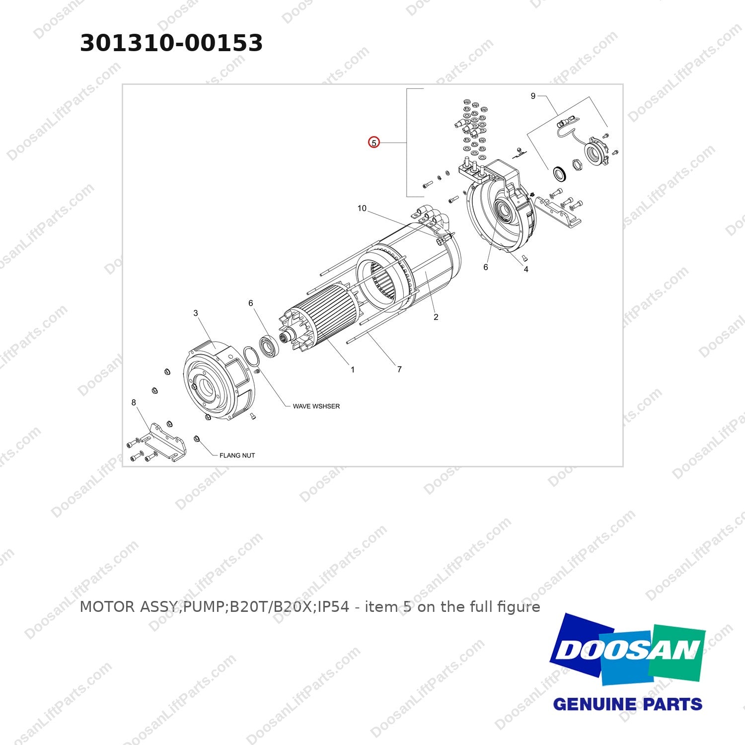 301310-00153 MOTOR ASSY,PUMP;B20T/B20X;IP54 - full parts diagram, item 5 marked - genuine Doosan / Bobcat forklift part