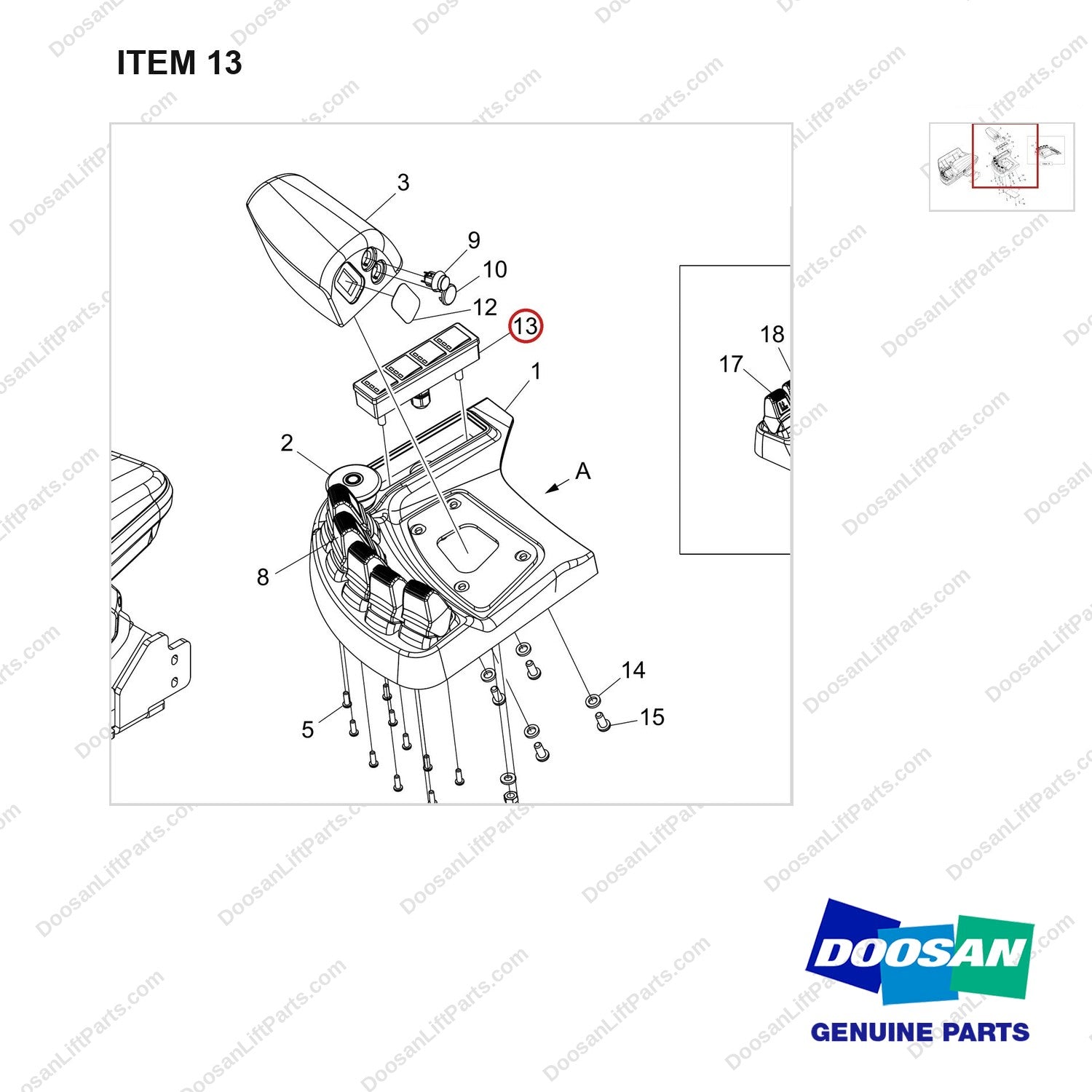 301405-00537 COVER ASSY;FINGERTIP,5WAY - parts diagram, item 13 shown - genuine Doosan / Bobcat forklift part