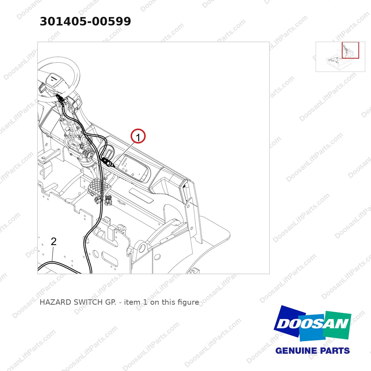301405-00599 HAZARD SWITCH GP. - parts diagram, item 1 shown - genuine Doosan / Bobcat forklift part