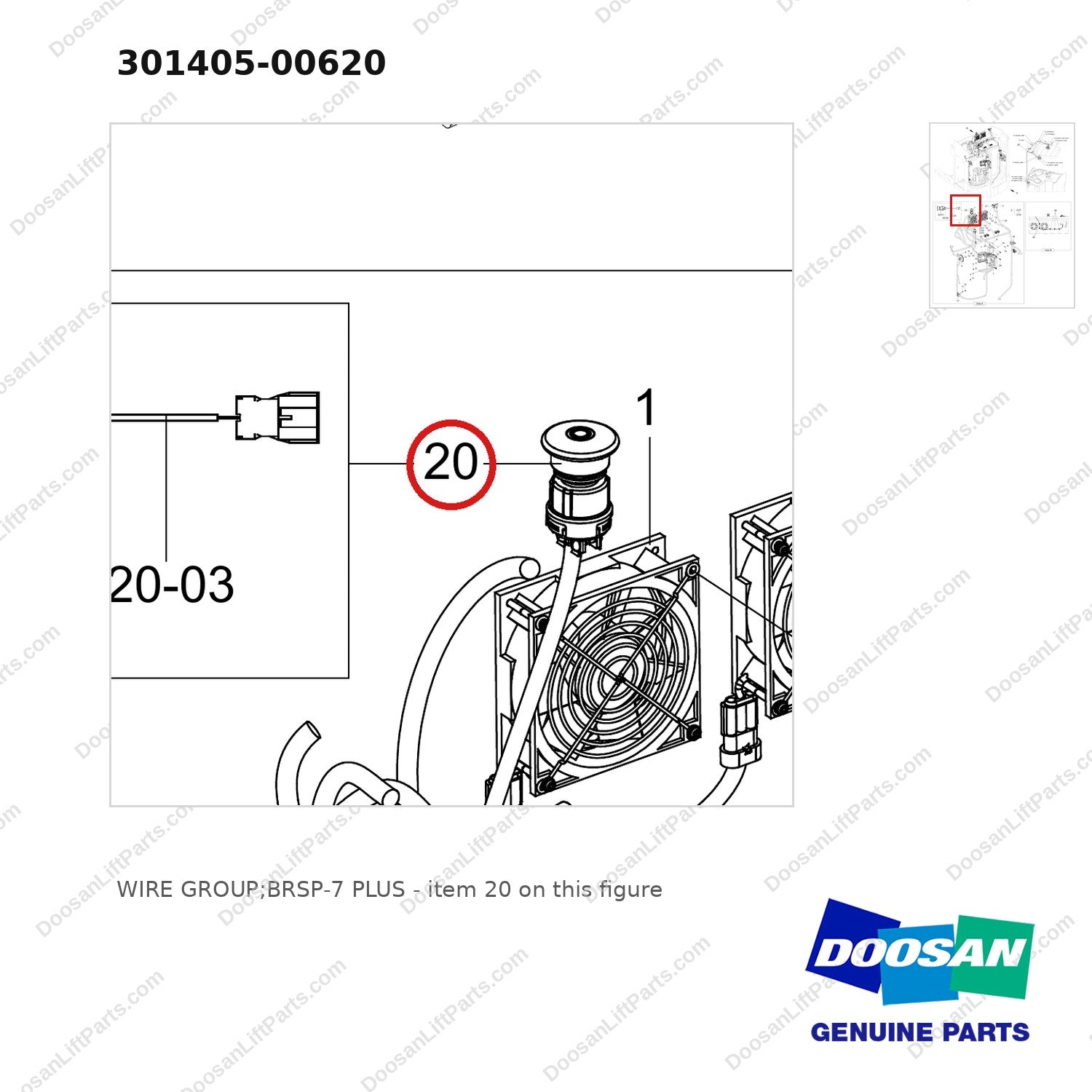 301405-00620 WIRE GROUP;BRSP-7 PLUS - parts diagram, item 20 shown - genuine Doosan / Bobcat forklift part