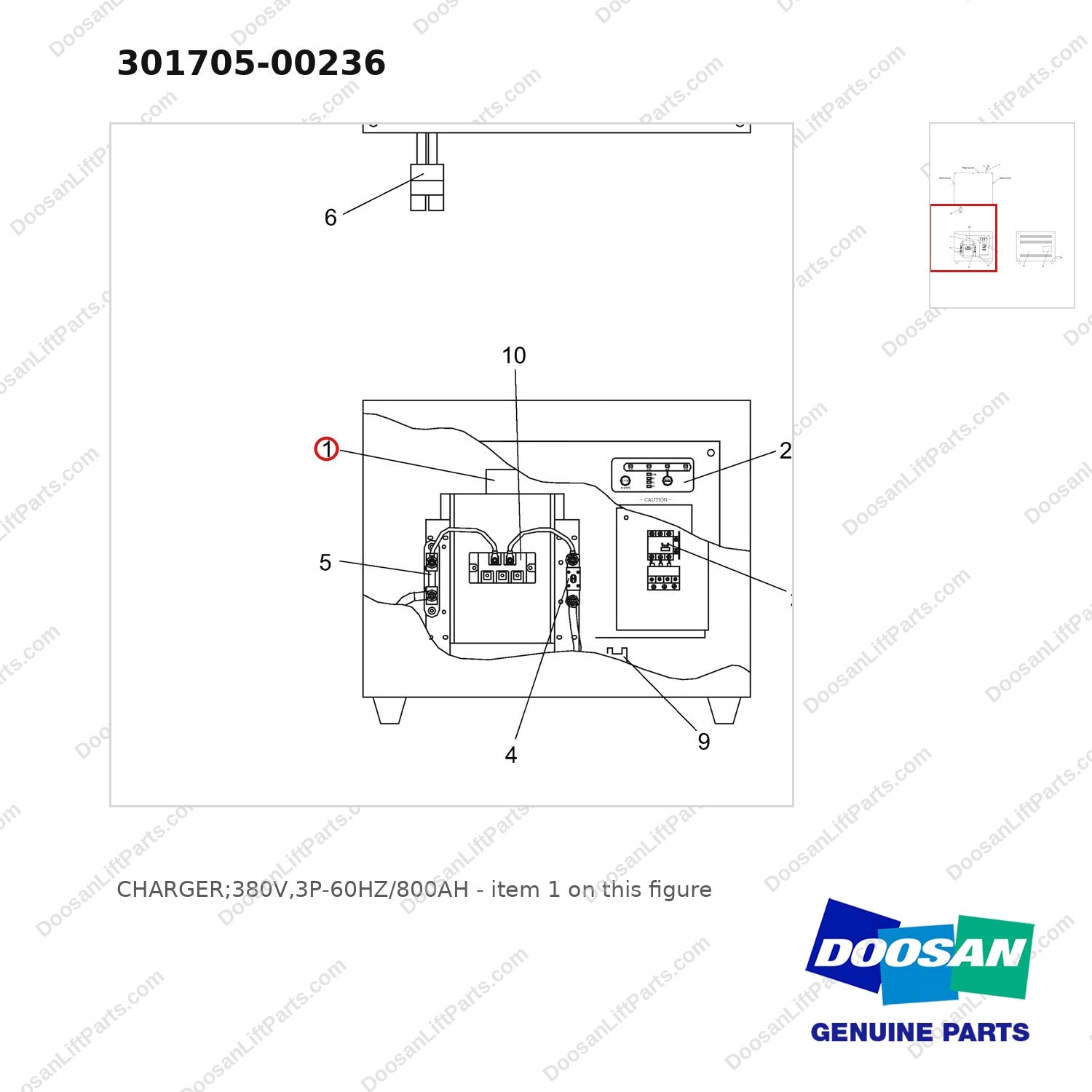 301705-00236 CHARGER;380V,3P-60HZ/800AH - parts diagram, item 1 shown - genuine Doosan / Bobcat forklift part