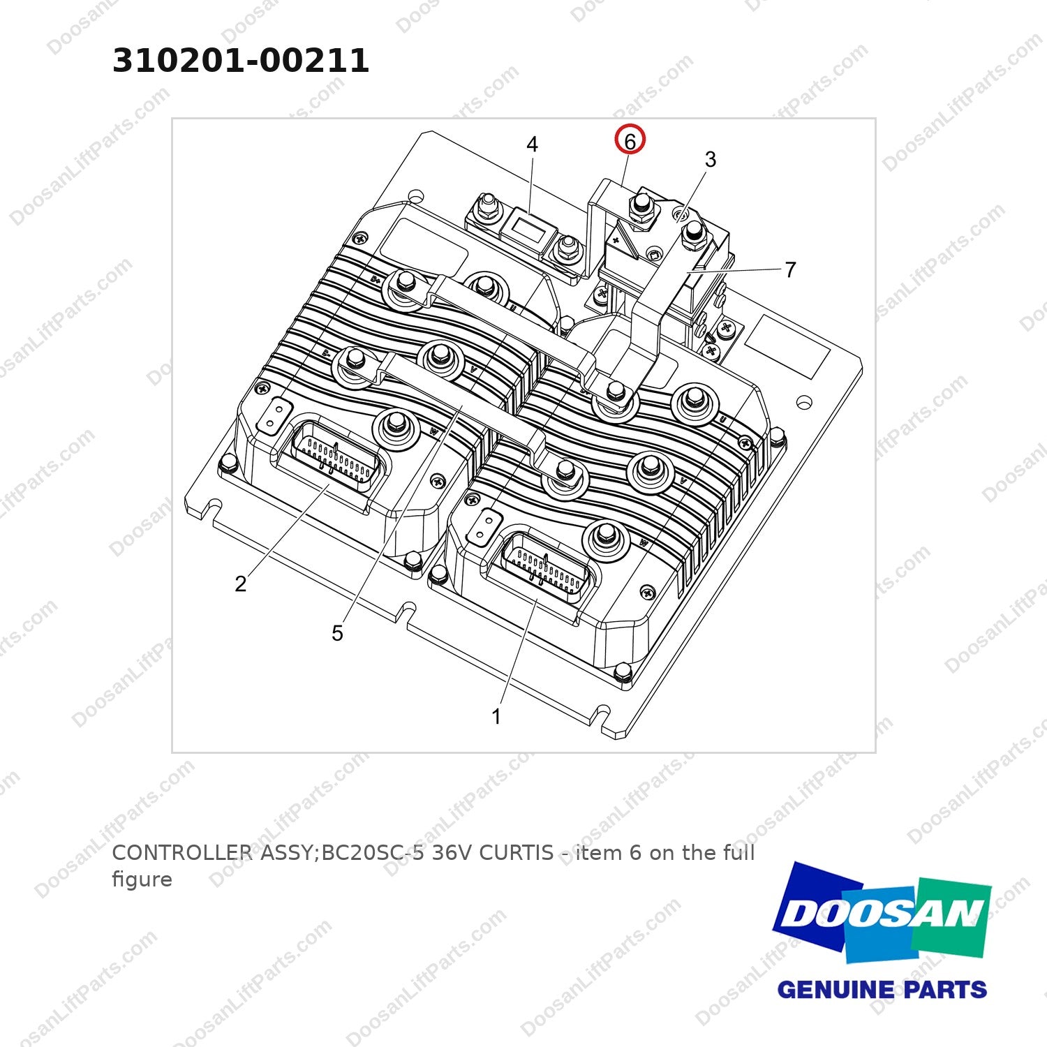 310201-00211 CONTROLLER ASSY;BC20SC-5 36V CURTIS - full parts diagram, item 6 marked - genuine Doosan / Bobcat forklift part