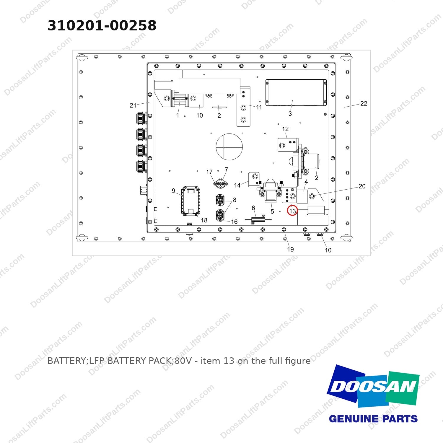 310201-00258 BATTERY;LFP BATTERY PACK;80V - full parts diagram, item 13 marked - genuine Doosan / Bobcat forklift part