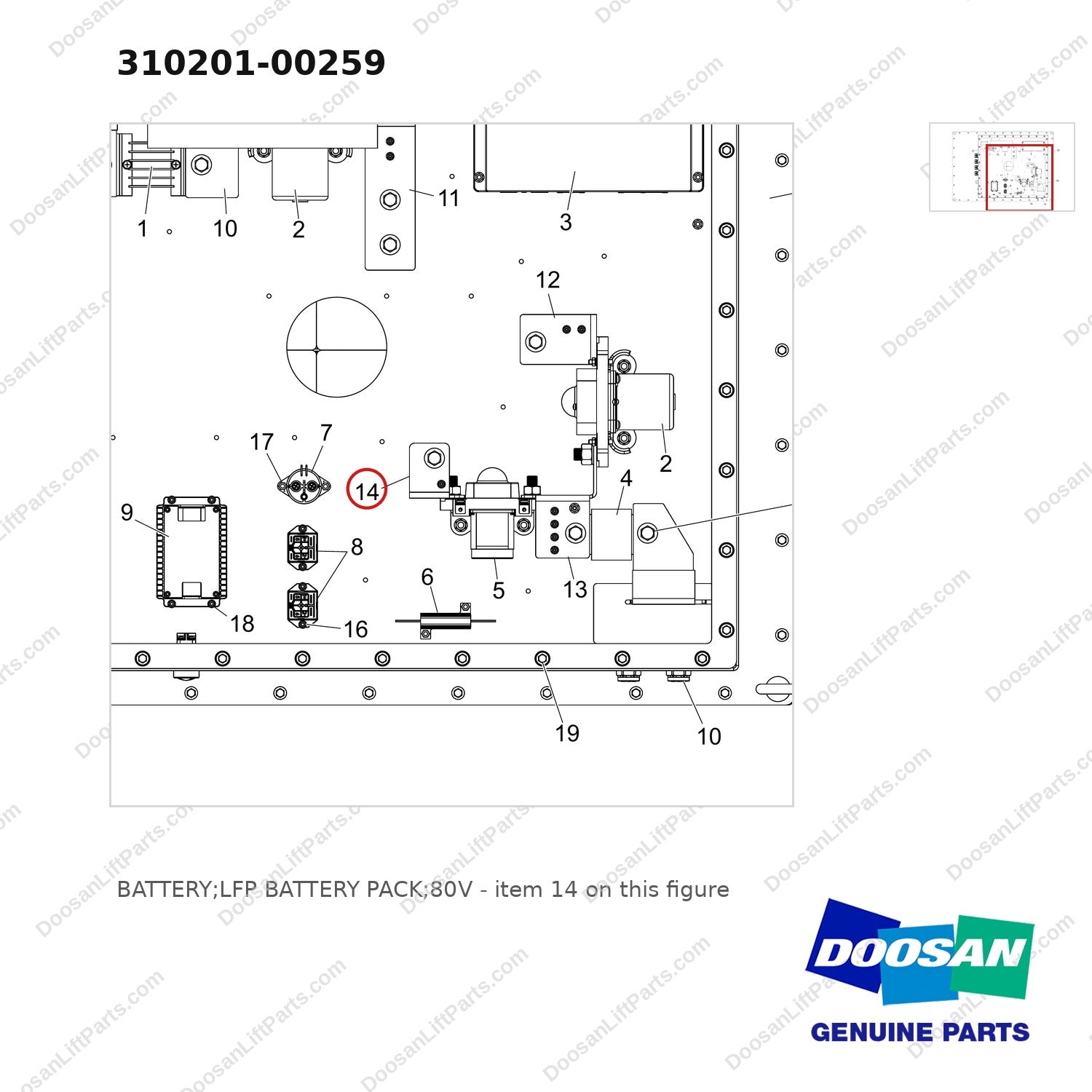 310201-00259 BATTERY;LFP BATTERY PACK;80V - parts diagram, item 14 shown - genuine Doosan / Bobcat forklift part