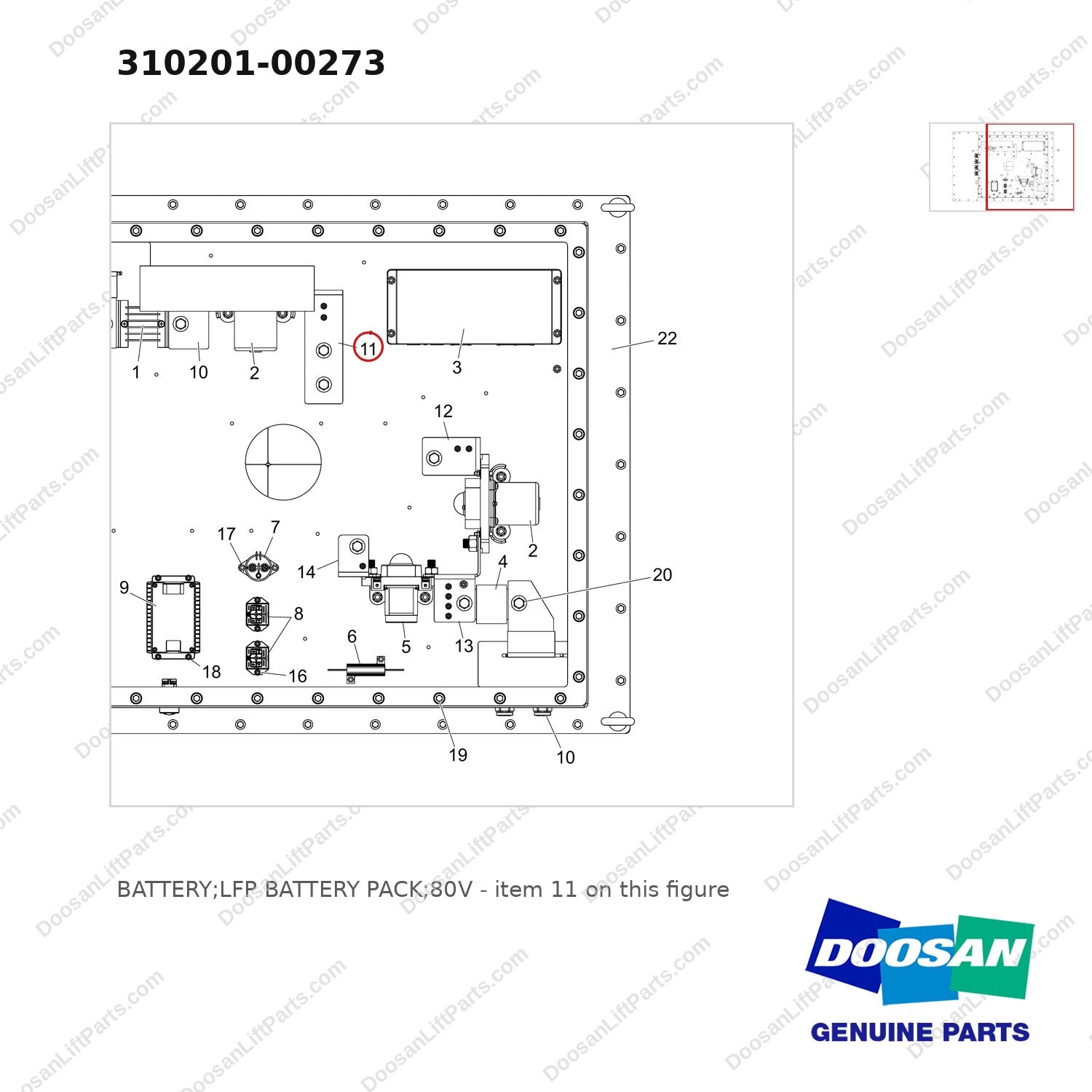 310201-00273 BATTERY;LFP BATTERY PACK;80V - parts diagram, item 11 shown - genuine Doosan / Bobcat forklift part