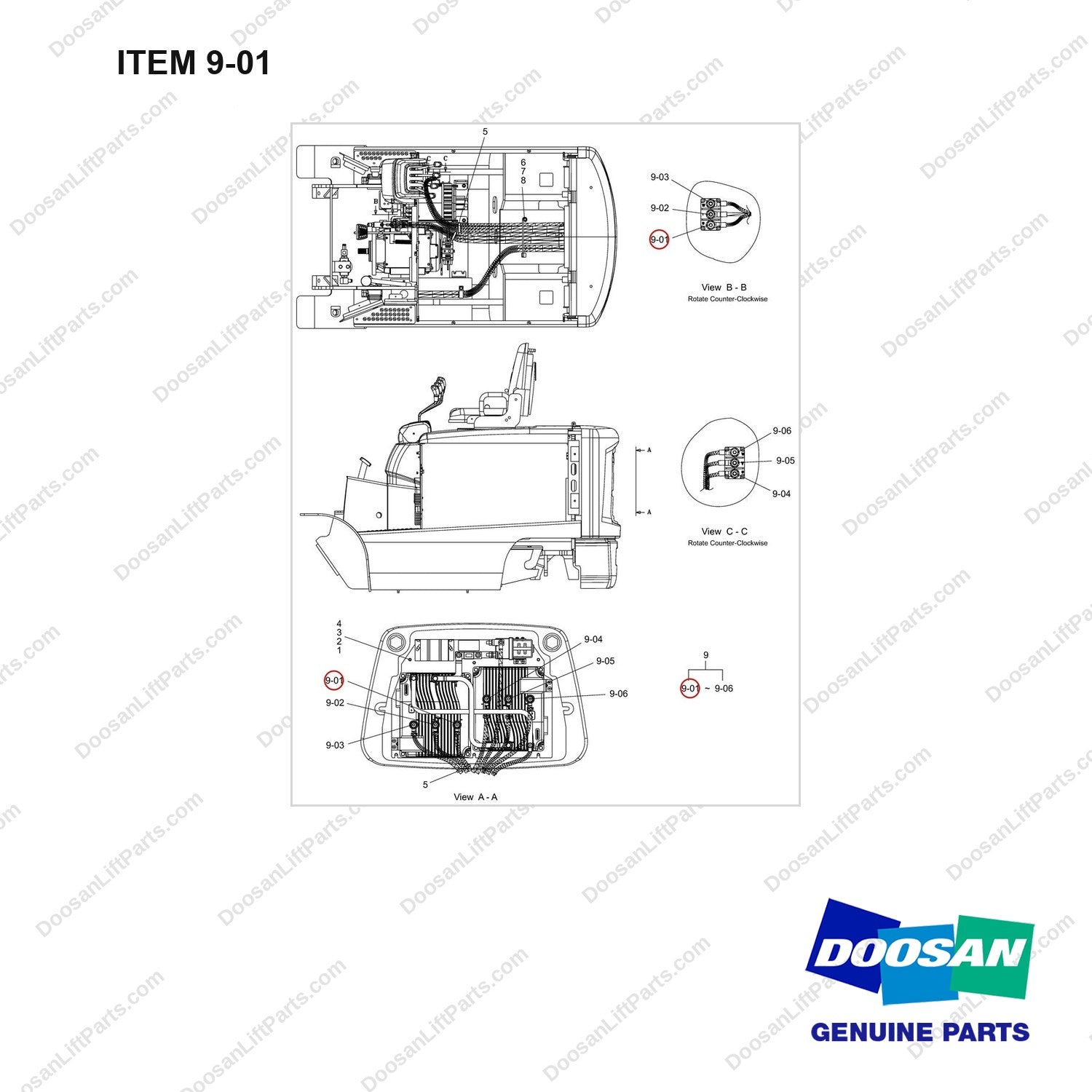 310203-03244 PANEL - full parts diagram, item 9-01 marked - genuine Doosan / Bobcat forklift part