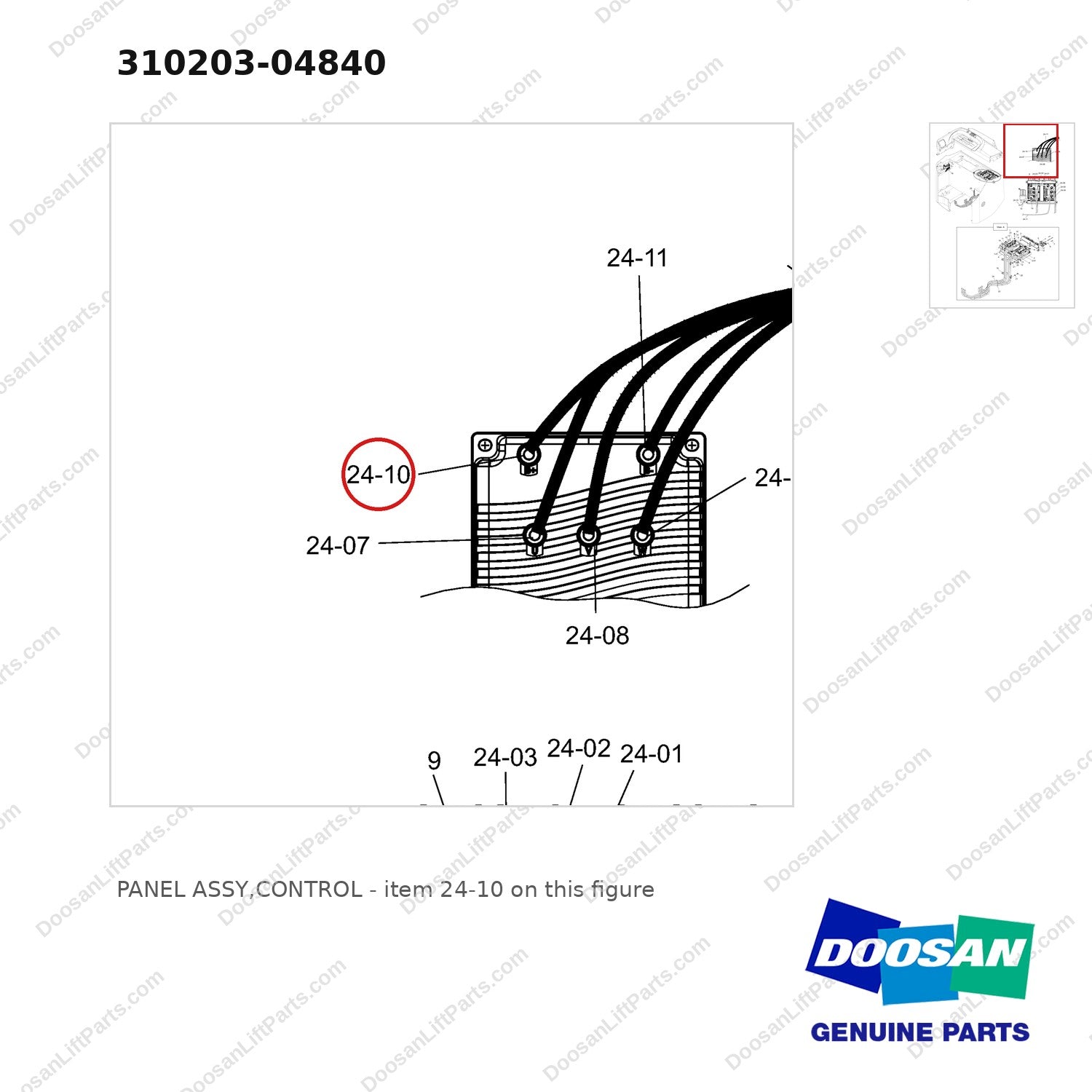 310203-04840 PANEL ASSY,CONTROL - parts diagram, item 24-10 shown - genuine Doosan / Bobcat forklift part