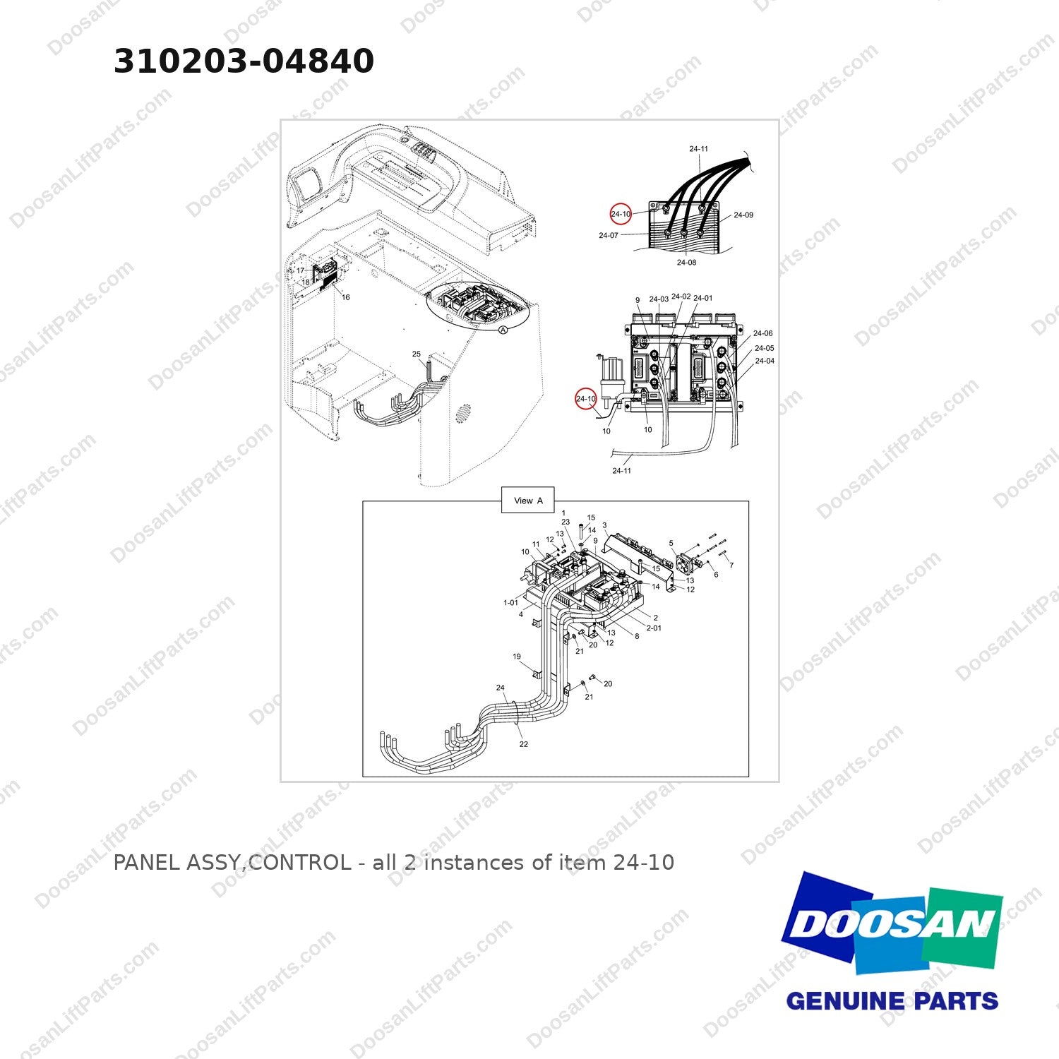 310203-04840 PANEL ASSY,CONTROL - full parts diagram, item 24-10 marked - genuine Doosan / Bobcat forklift part