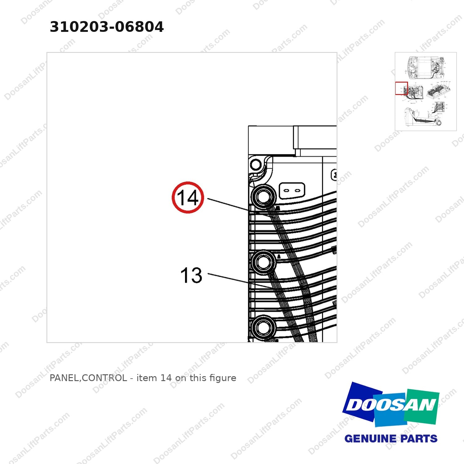 310203-06804 PANEL,CONTROL - parts diagram, item 14 shown - genuine Doosan / Bobcat forklift part