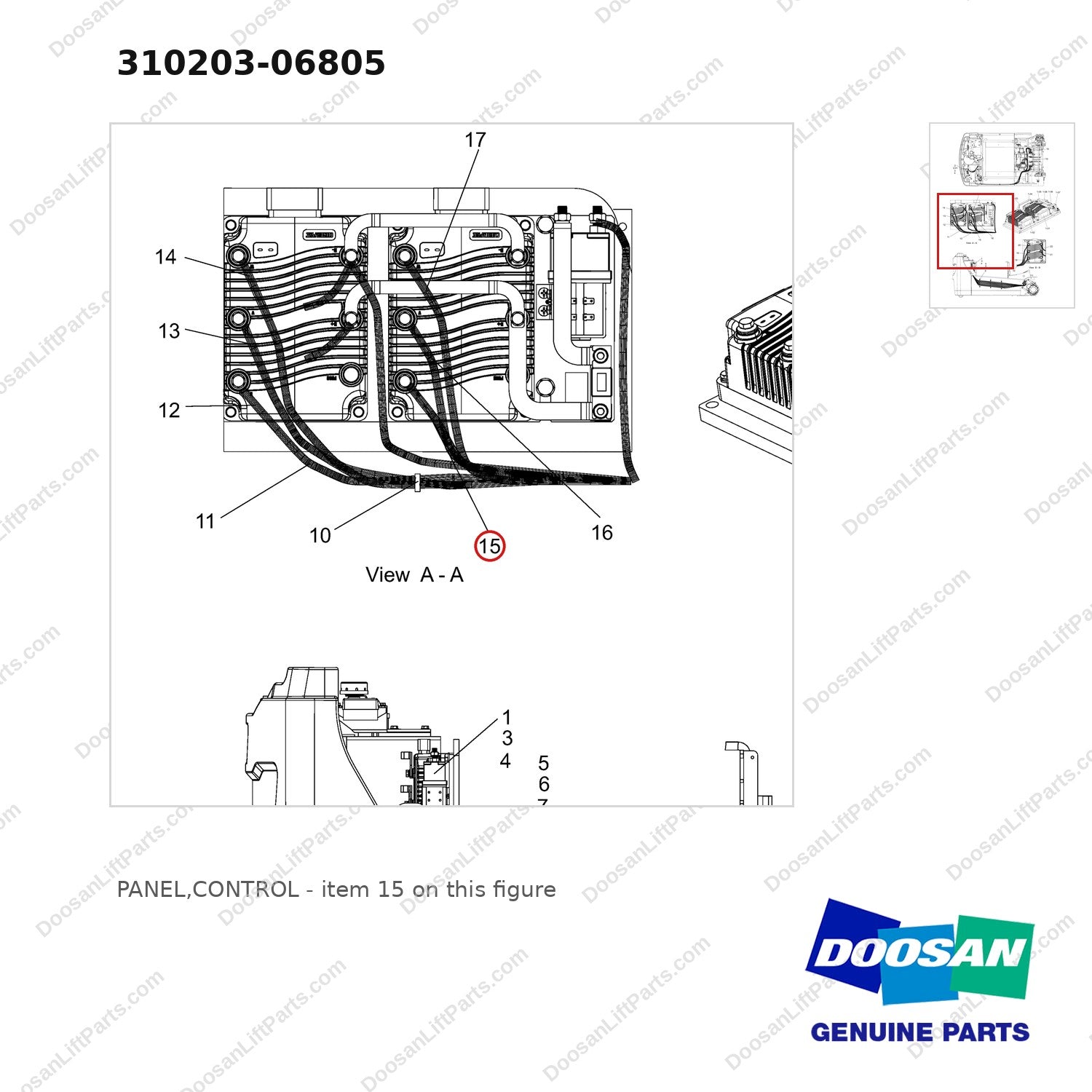 310203-06805 PANEL,CONTROL - parts diagram, item 15 shown - genuine Doosan / Bobcat forklift part