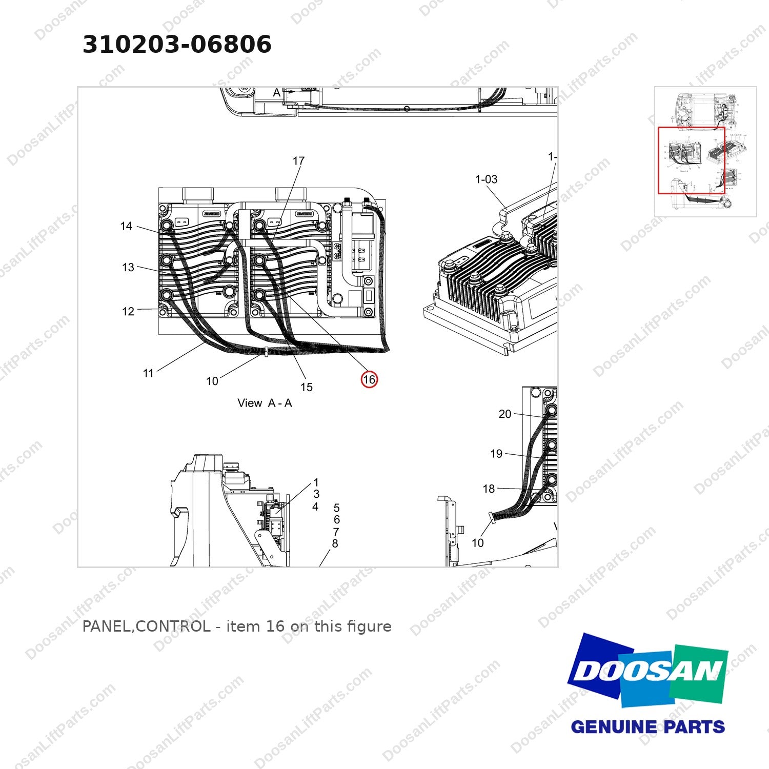 310203-06806 PANEL,CONTROL - parts diagram, item 16 shown - genuine Doosan / Bobcat forklift part