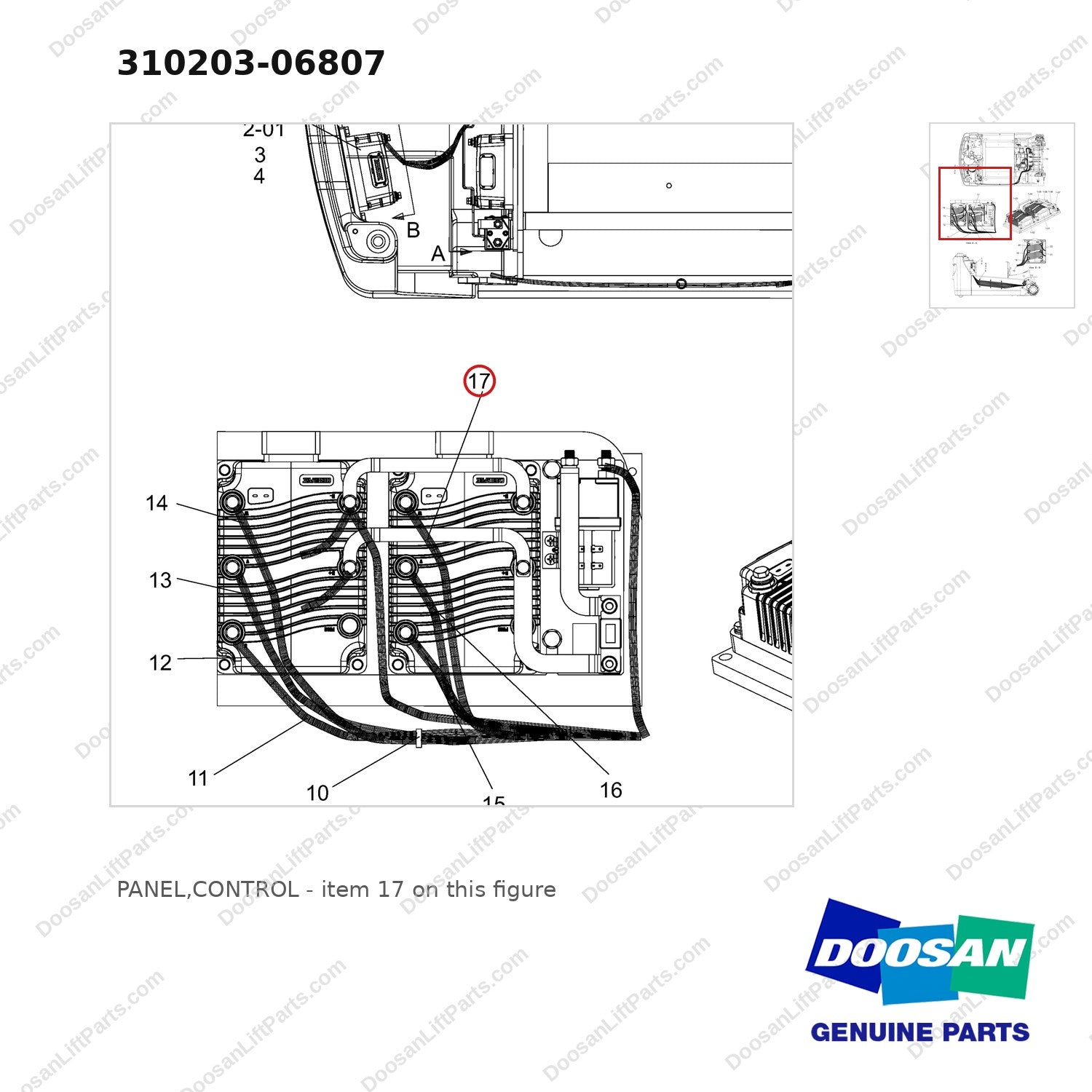 310203-06807 PANEL,CONTROL - parts diagram, item 17 shown - genuine Doosan / Bobcat forklift part