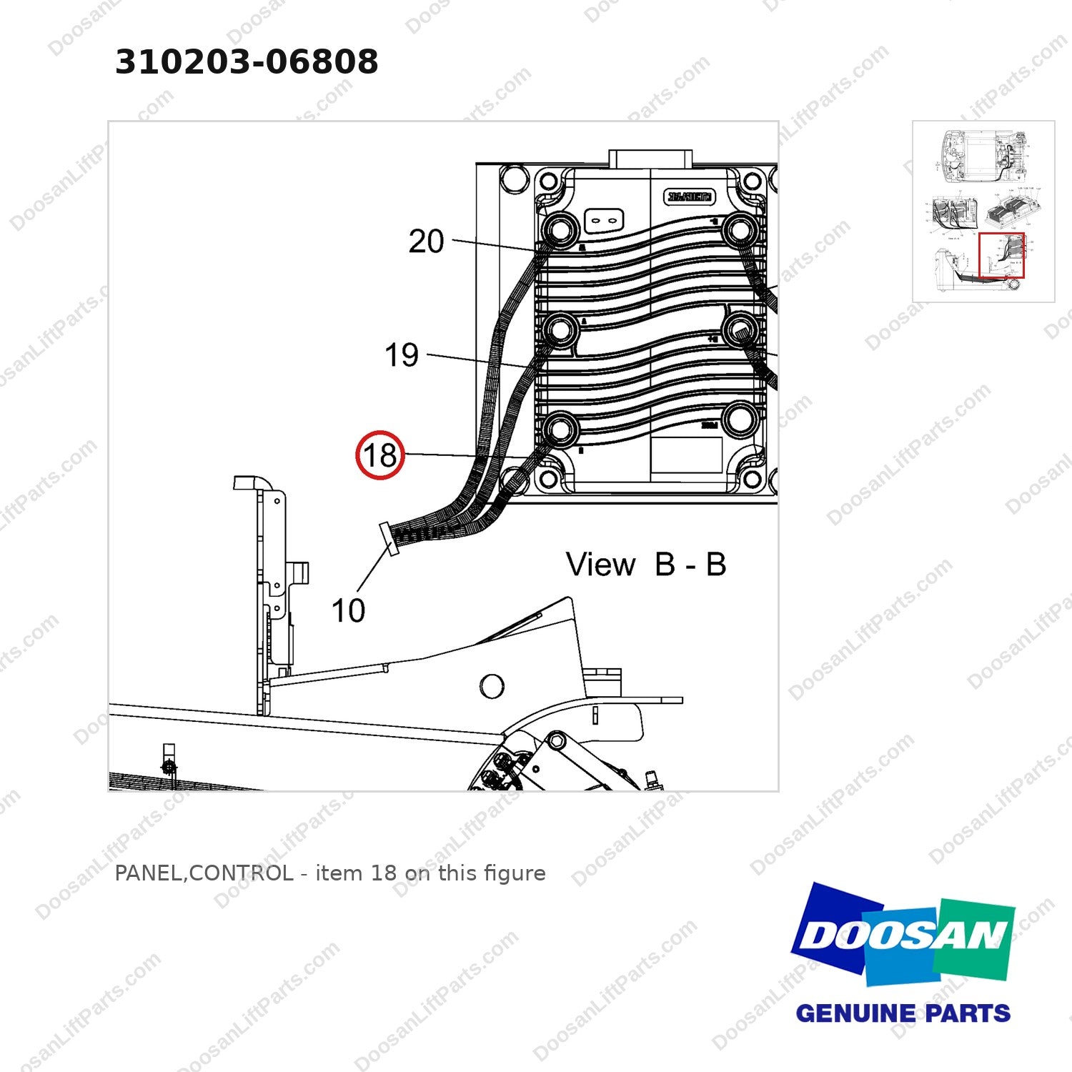 310203-06808 PANEL,CONTROL - parts diagram, item 18 shown - genuine Doosan / Bobcat forklift part