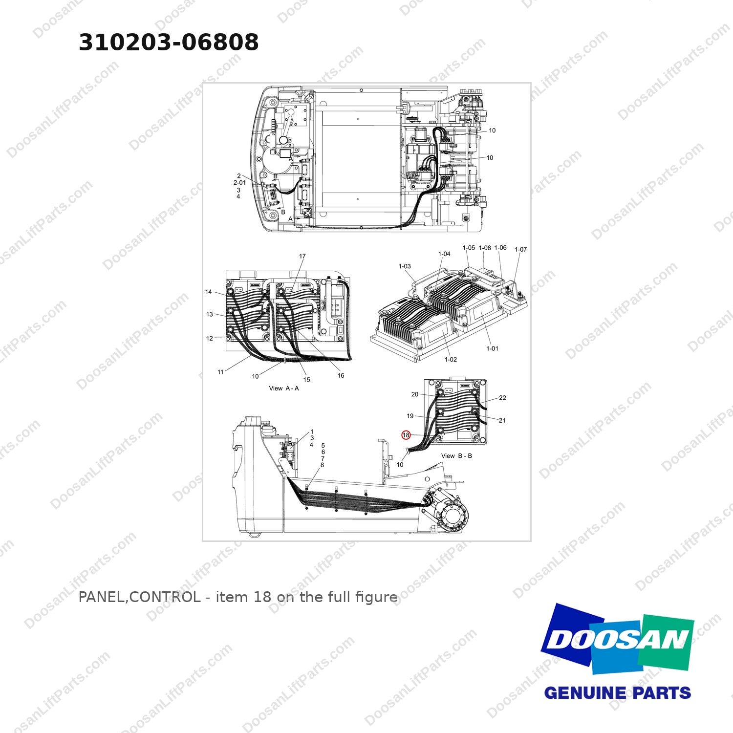 310203-06808 PANEL,CONTROL - full parts diagram, item 18 marked - genuine Doosan / Bobcat forklift part