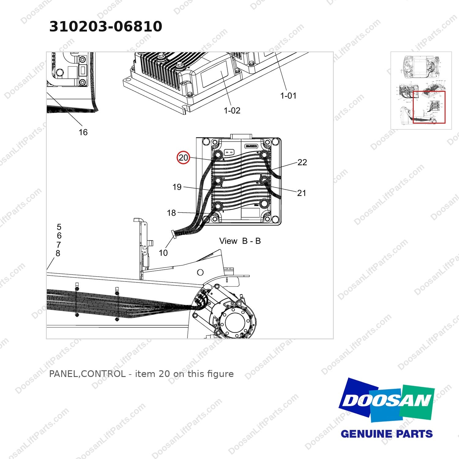 310203-06810 PANEL,CONTROL - parts diagram, item 20 shown - genuine Doosan / Bobcat forklift part