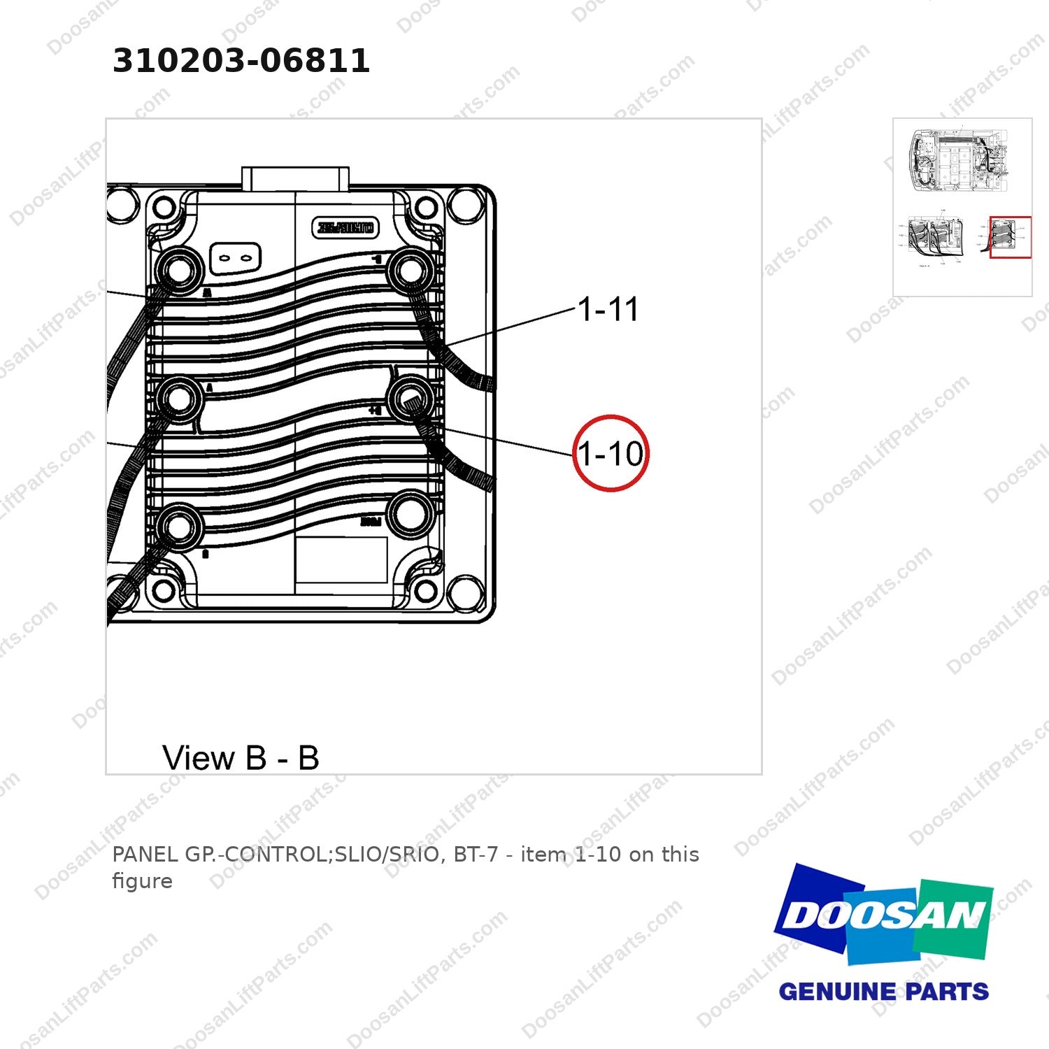 310203-06811 PANEL GP.-CONTROL;SLIO/SRIO, BT-7 - parts diagram, item 1-10 shown - genuine Doosan / Bobcat forklift part