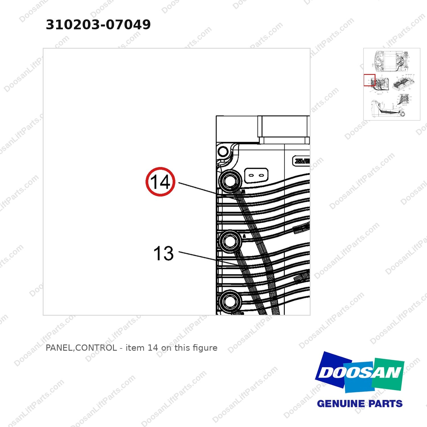 310203-07049 PANEL,CONTROL - parts diagram, item 14 shown - genuine Doosan / Bobcat forklift part