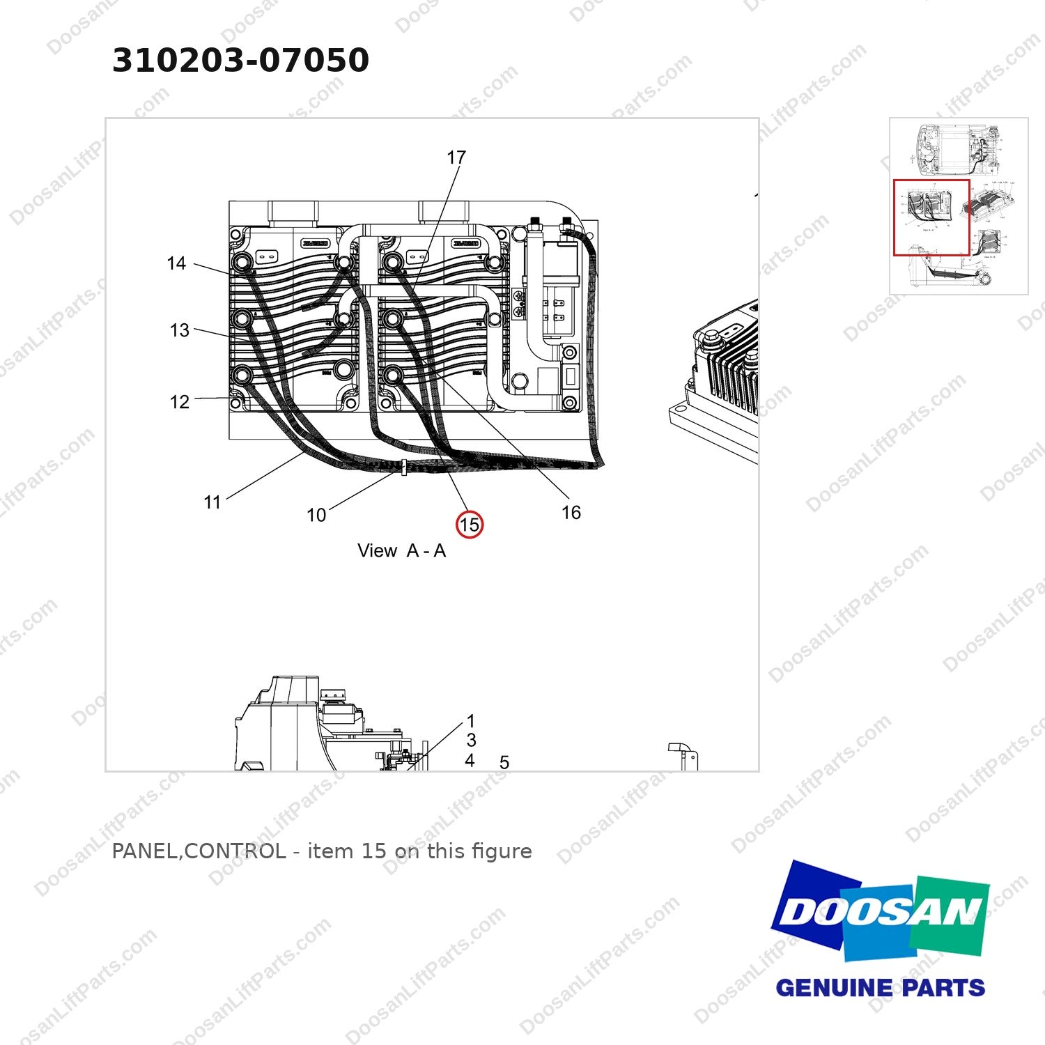310203-07050 PANEL,CONTROL - parts diagram, item 15 shown - genuine Doosan / Bobcat forklift part