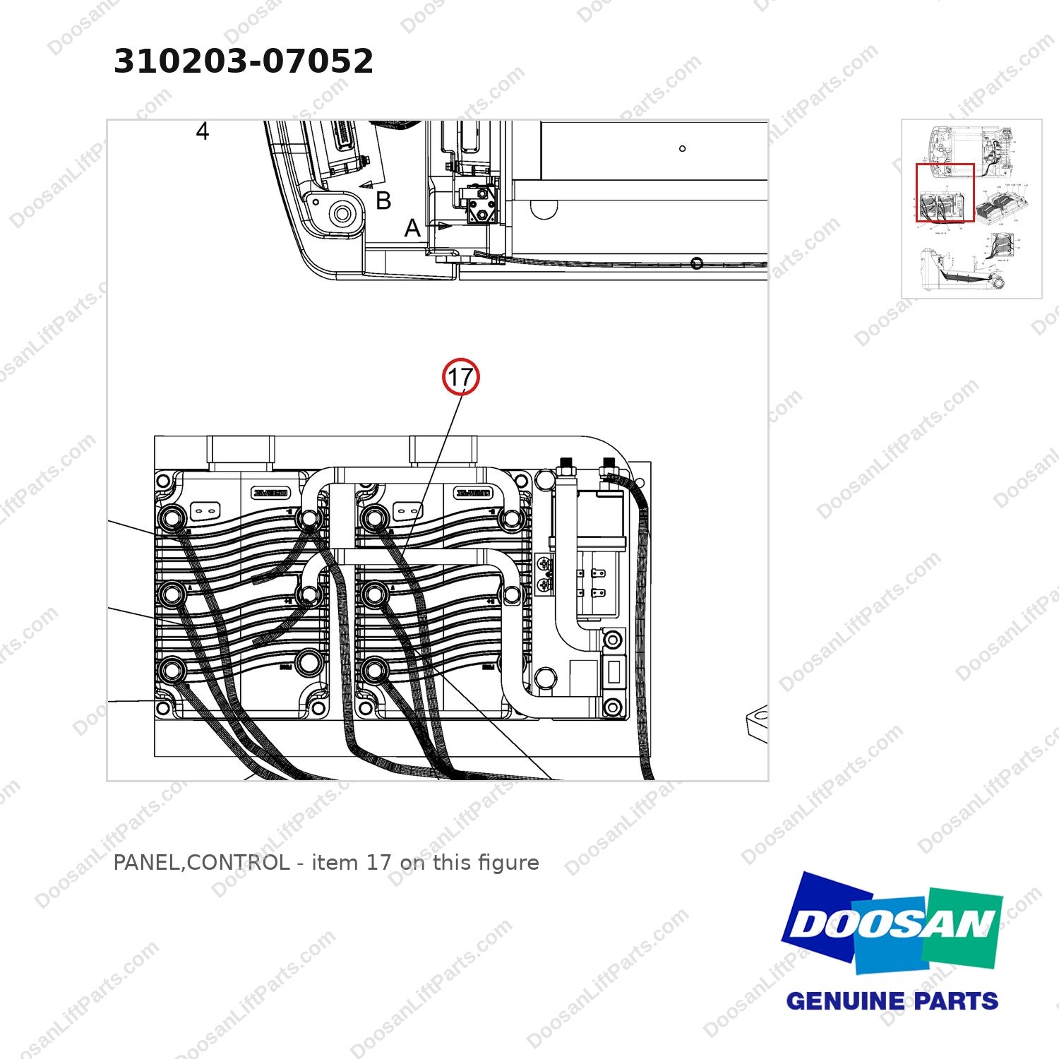 310203-07052 PANEL,CONTROL - parts diagram, item 17 shown - genuine Doosan / Bobcat forklift part
