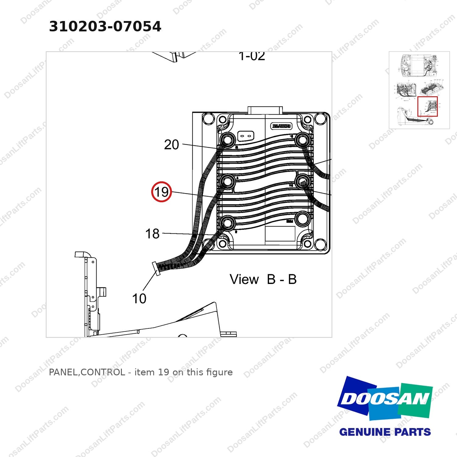 310203-07054 PANEL,CONTROL - parts diagram, item 19 shown - genuine Doosan / Bobcat forklift part