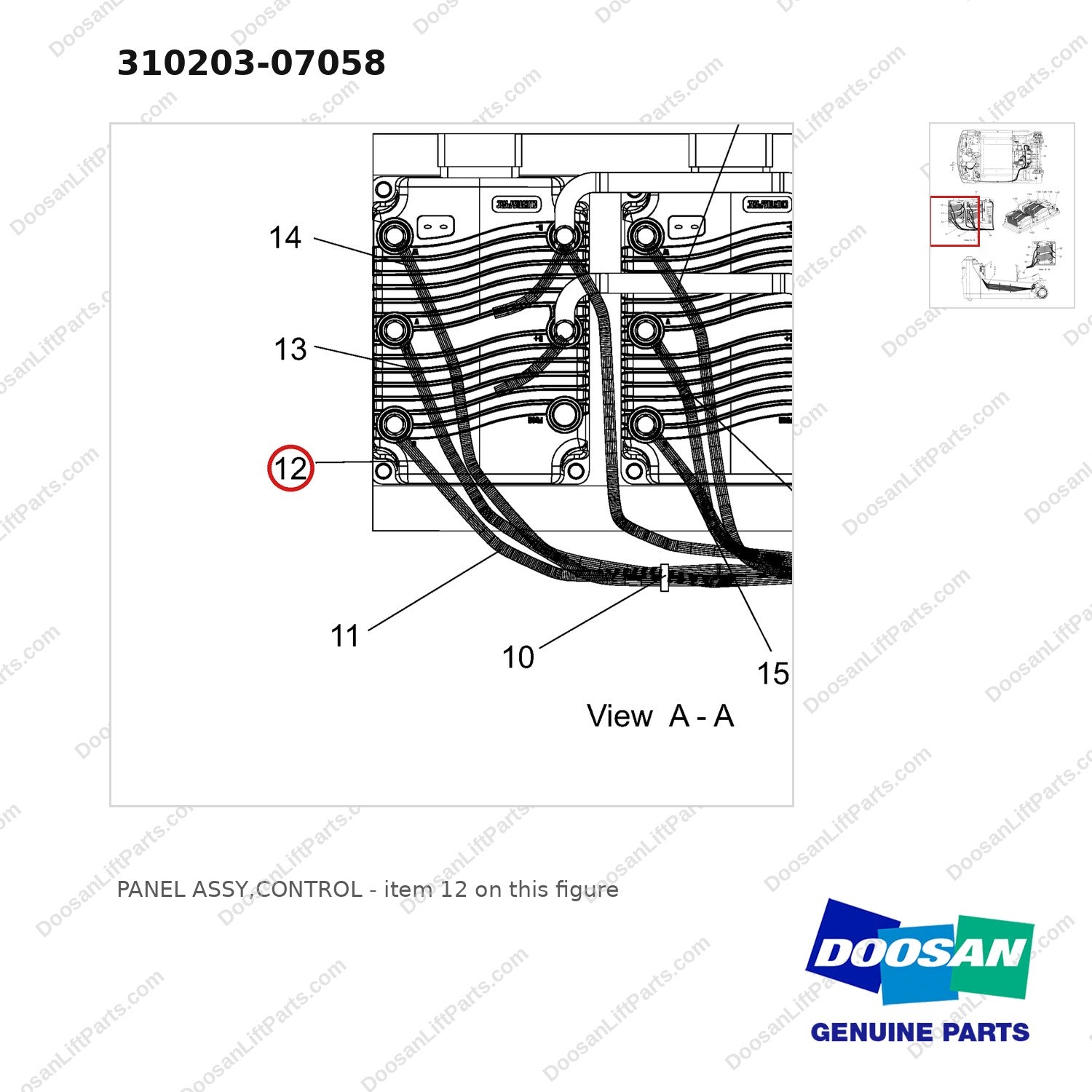 310203-07058 PANEL ASSY,CONTROL - parts diagram, item 12 shown - genuine Doosan / Bobcat forklift part