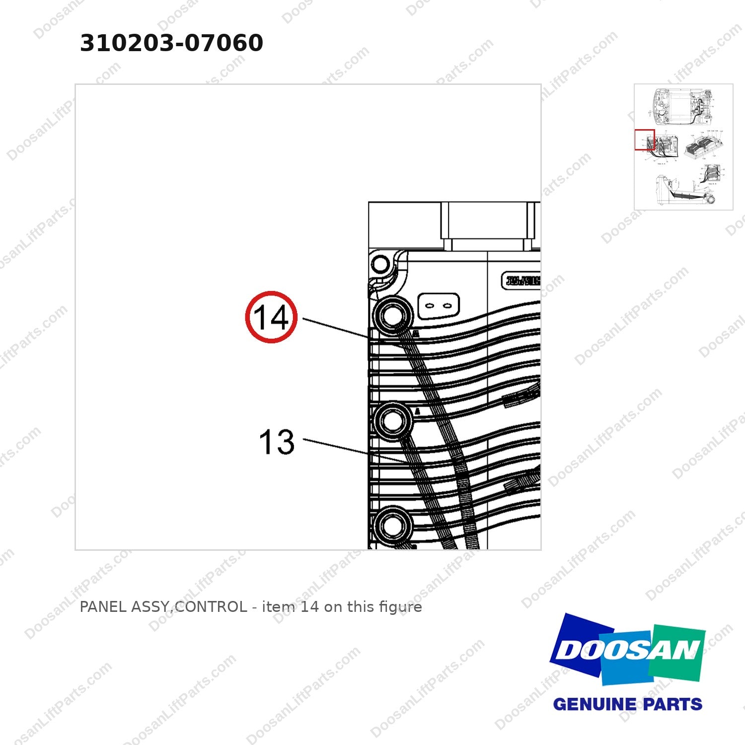 310203-07060 PANEL ASSY,CONTROL - parts diagram, item 14 shown - genuine Doosan / Bobcat forklift part