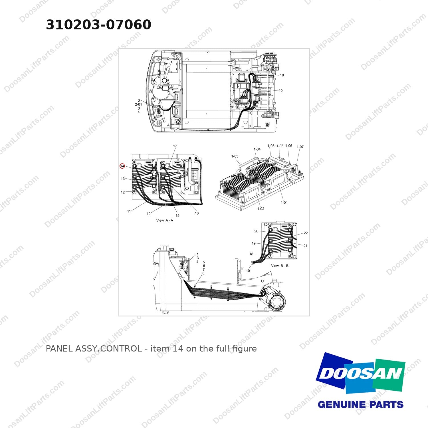 310203-07060 PANEL ASSY,CONTROL - full parts diagram, item 14 marked - genuine Doosan / Bobcat forklift part