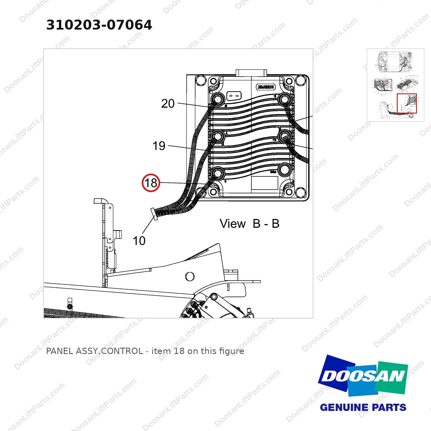 310203-07064 PANEL ASSY,CONTROL - parts diagram, item 18 shown - genuine Doosan / Bobcat forklift part