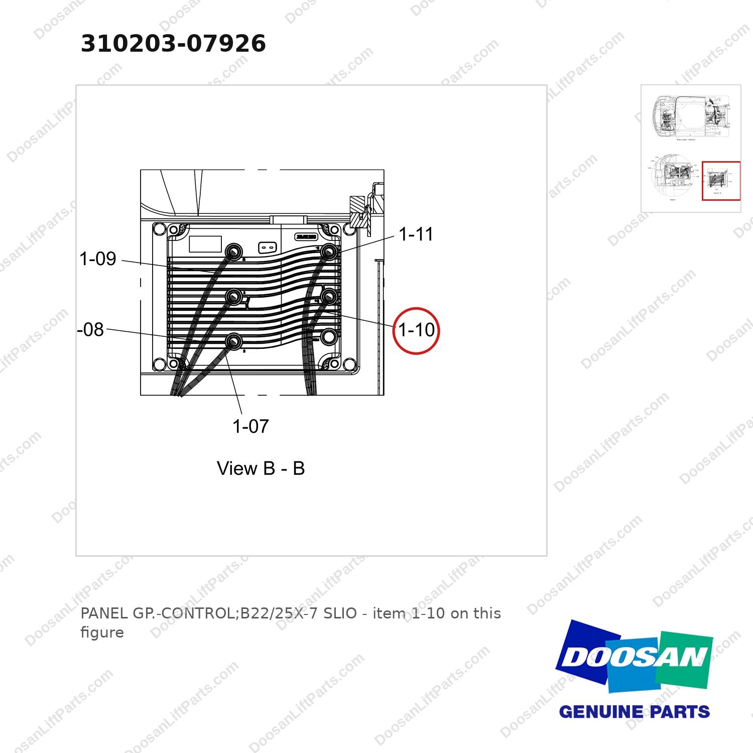 310203-07926 PANEL GP.-CONTROL;B22/25X-7 SLIO - parts diagram, item 1-10 shown - genuine Doosan / Bobcat forklift part