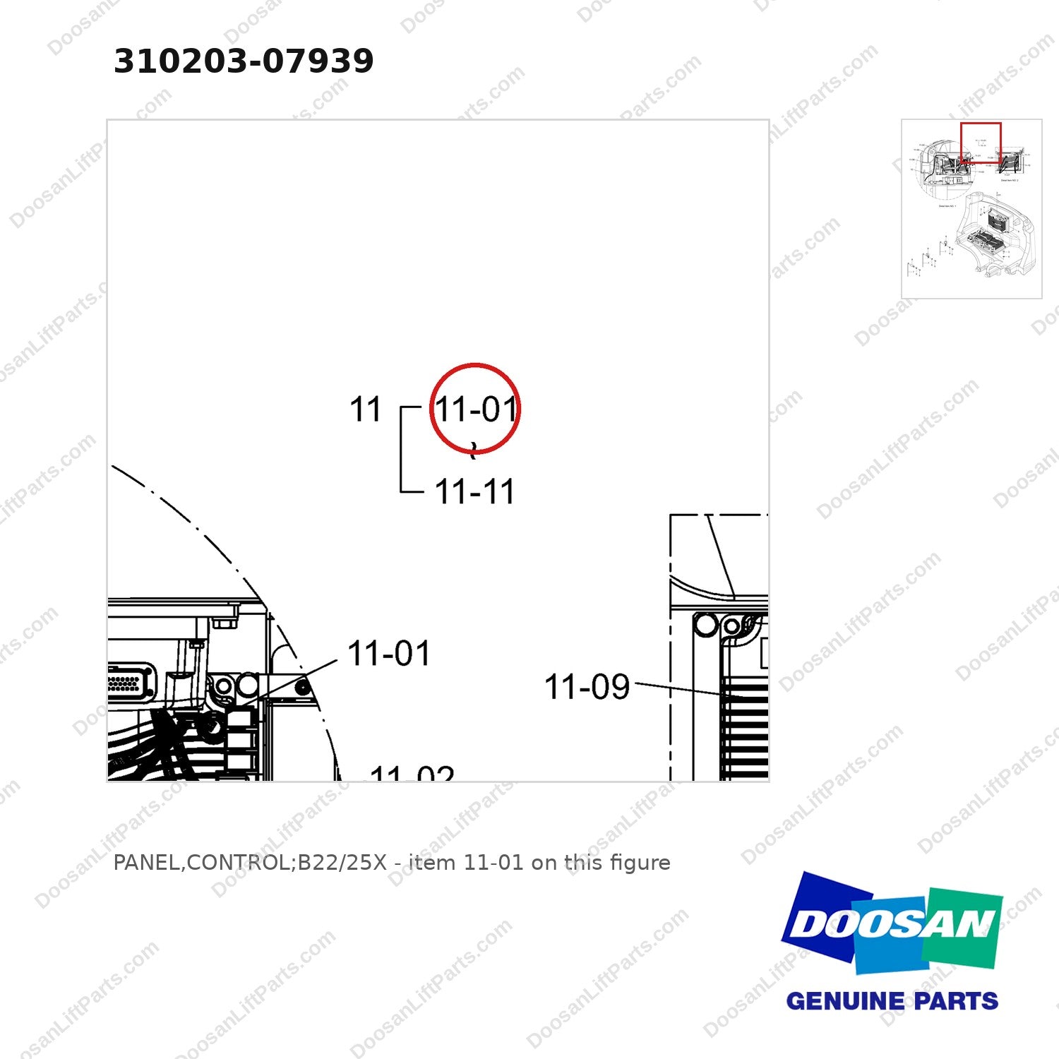 310203-07939 PANEL,CONTROL;B22/25X - parts diagram, item 11-01 shown - genuine Doosan / Bobcat forklift part