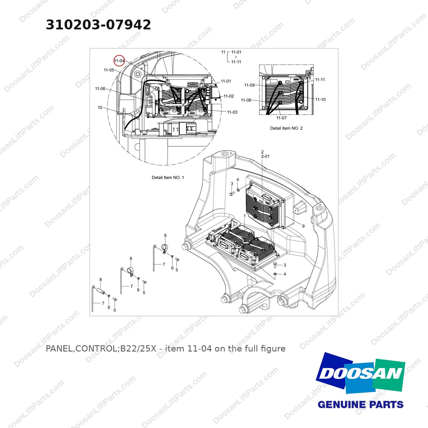 310203-07942 PANEL,CONTROL;B22/25X - full parts diagram, item 11-04 marked - genuine Doosan / Bobcat forklift part