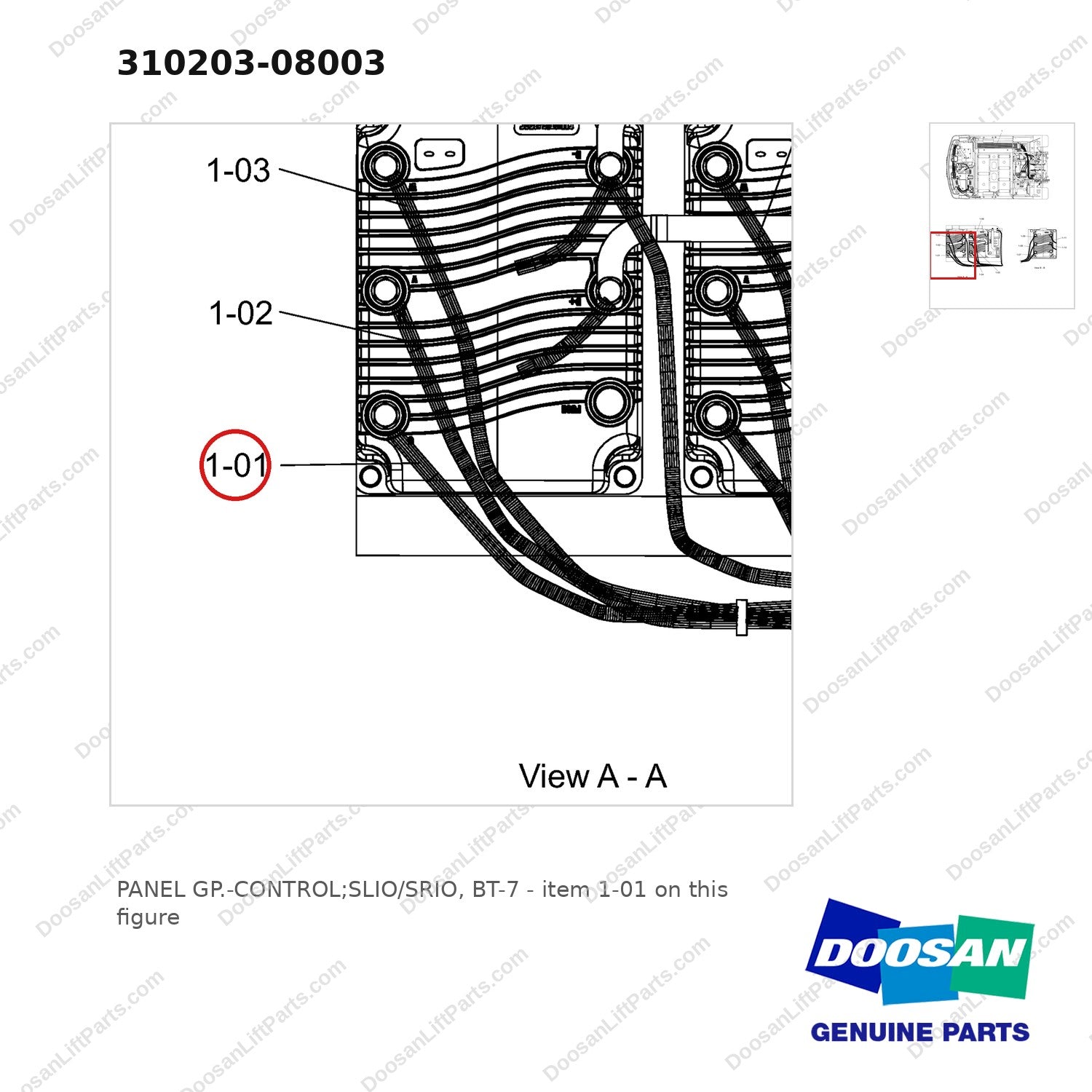 310203-08003 PANEL GP.-CONTROL;SLIO/SRIO, BT-7 - parts diagram, item 1-01 shown - genuine Doosan / Bobcat forklift part