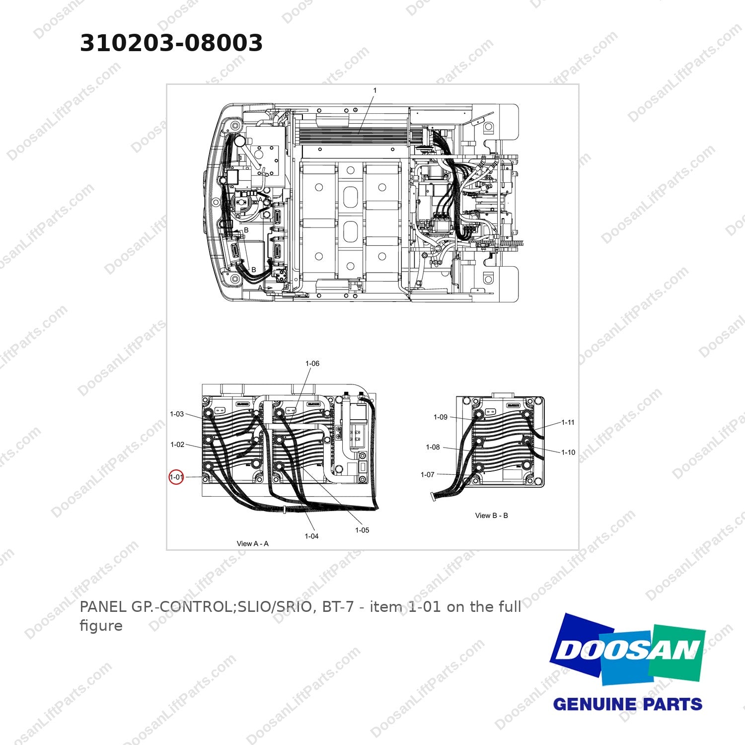 310203-08003 PANEL GP.-CONTROL;SLIO/SRIO, BT-7 - full parts diagram, item 1-01 marked - genuine Doosan / Bobcat forklift part