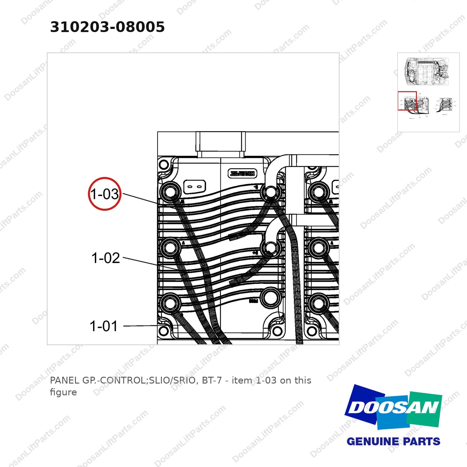310203-08005 PANEL GP.-CONTROL;SLIO/SRIO, BT-7 - parts diagram, item 1-03 shown - genuine Doosan / Bobcat forklift part