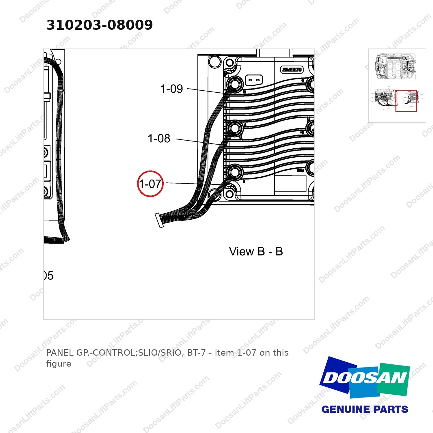 310203-08009 PANEL GP.-CONTROL;SLIO/SRIO, BT-7 - parts diagram, item 1-07 shown - genuine Doosan / Bobcat forklift part
