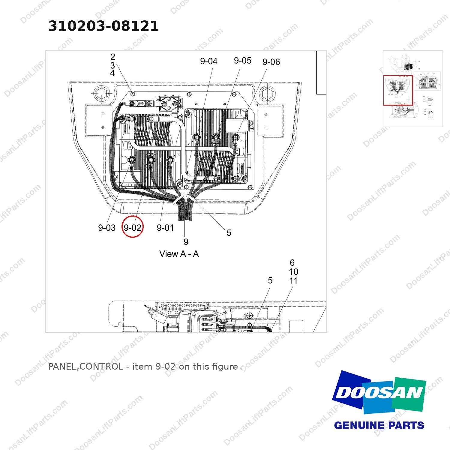 310203-08121 PANEL,CONTROL - parts diagram, item 9-02 shown - genuine Doosan / Bobcat forklift part