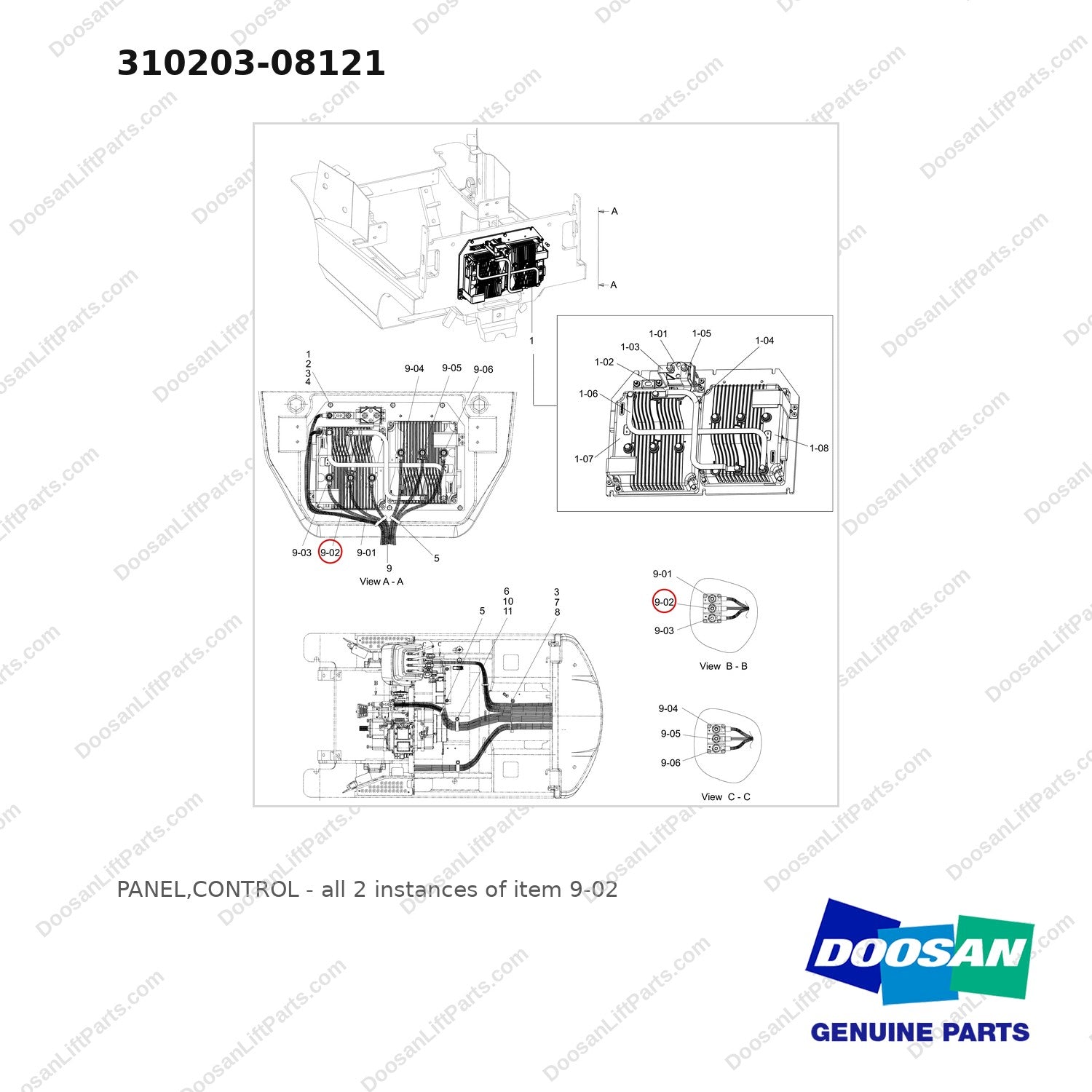 310203-08121 PANEL,CONTROL - full parts diagram, item 9-02 marked - genuine Doosan / Bobcat forklift part