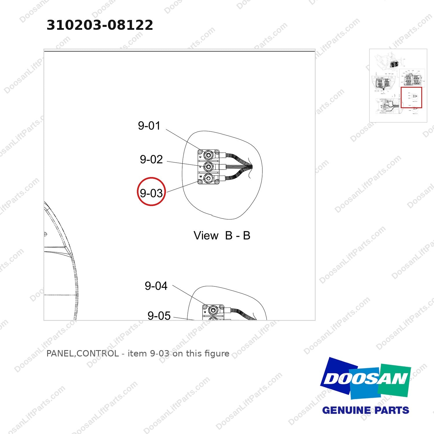310203-08122 PANEL,CONTROL - parts diagram, item 9-03 shown - genuine Doosan / Bobcat forklift part