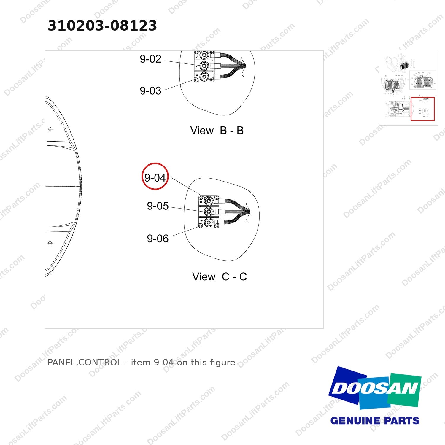 310203-08123 PANEL,CONTROL - parts diagram, item 9-04 shown - genuine Doosan / Bobcat forklift part