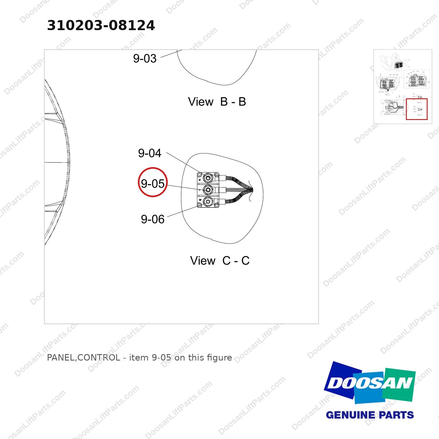 310203-08124 PANEL,CONTROL - parts diagram, item 9-05 shown - genuine Doosan / Bobcat forklift part