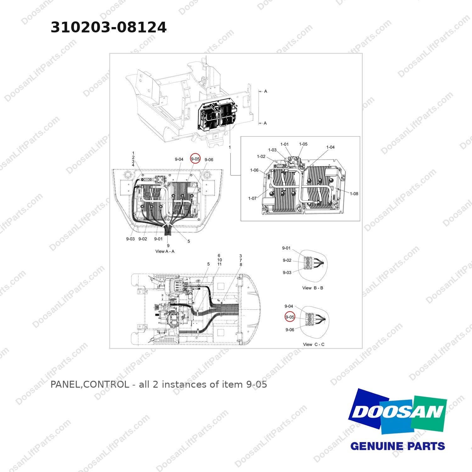 310203-08124 PANEL,CONTROL - full parts diagram, item 9-05 marked - genuine Doosan / Bobcat forklift part