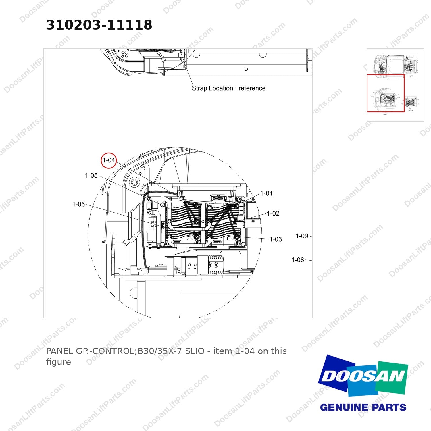 310203-11118 PANEL GP.-CONTROL;B30/35X-7 SLIO - parts diagram, item 1-04 shown - genuine Doosan / Bobcat forklift part