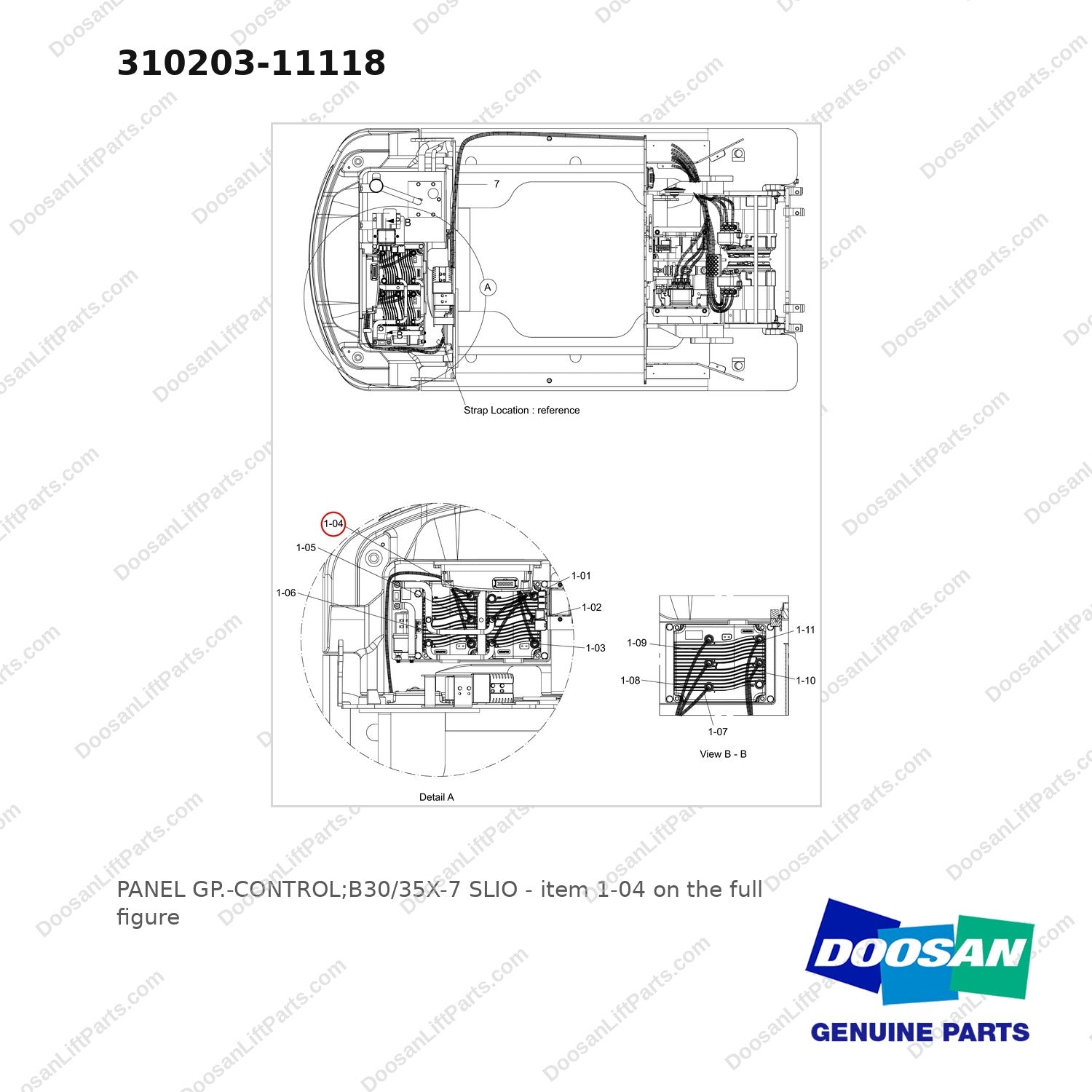 310203-11118 PANEL GP.-CONTROL;B30/35X-7 SLIO - full parts diagram, item 1-04 marked - genuine Doosan / Bobcat forklift part