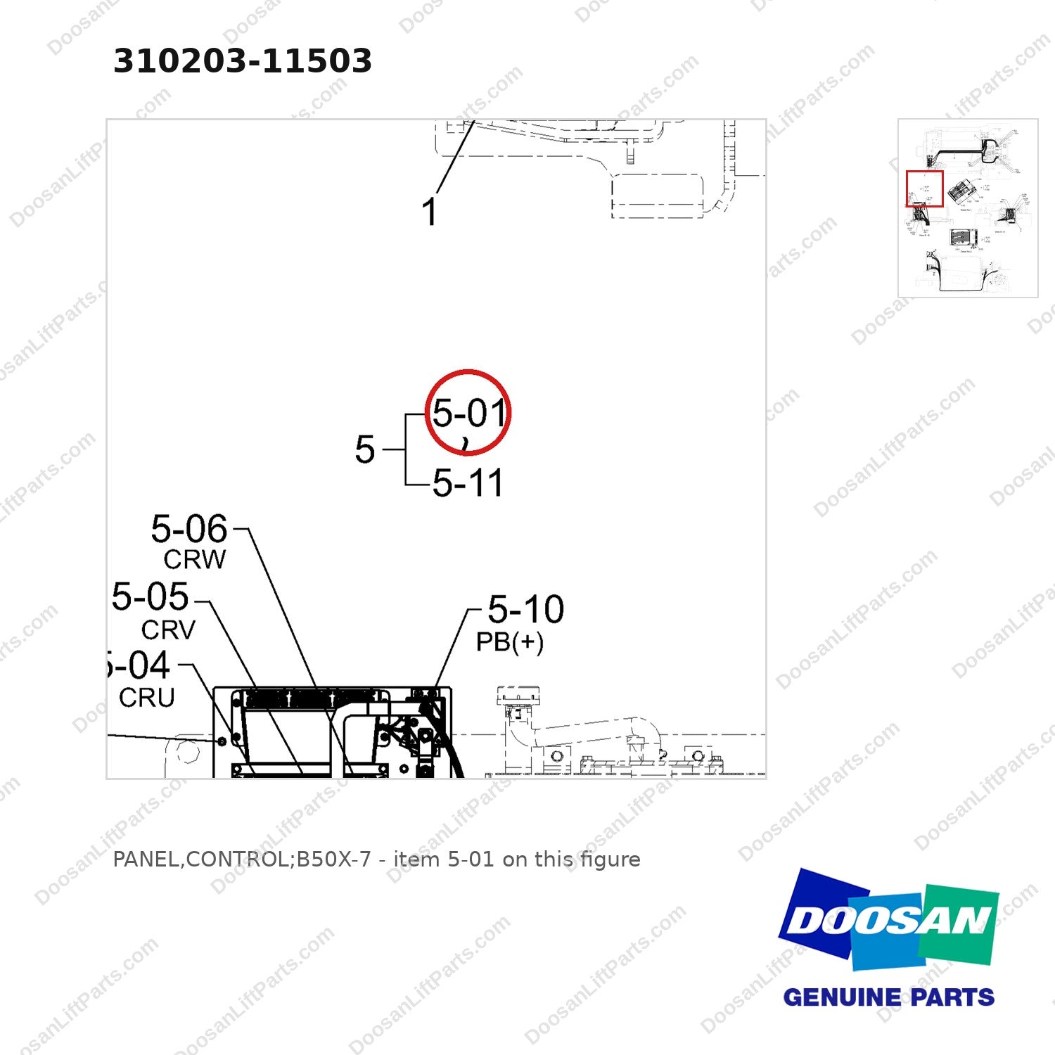310203-11503 PANEL,CONTROL;B50X-7 - parts diagram, item 5-01 shown - genuine Doosan / Bobcat forklift part