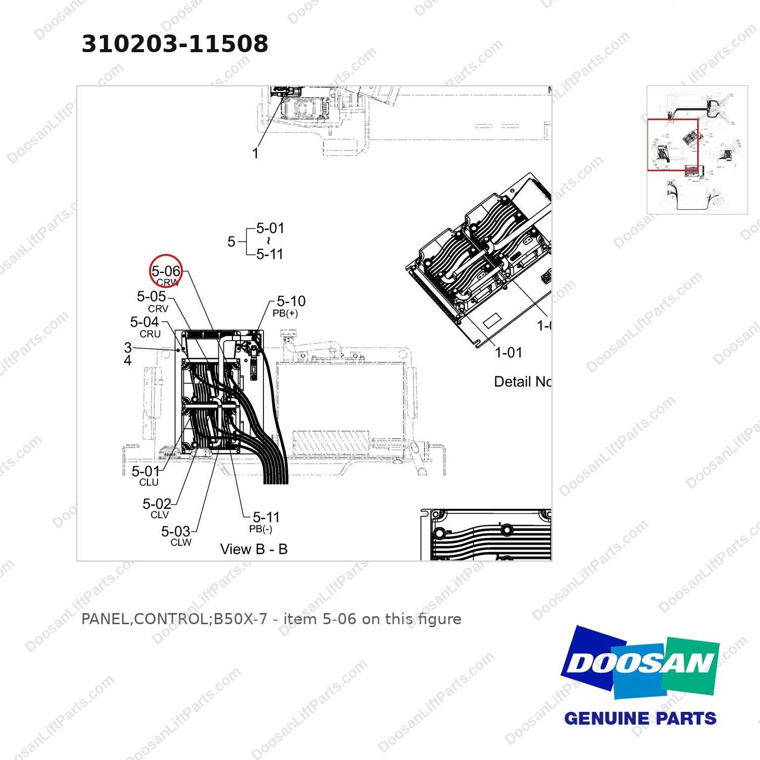 310203-11508 PANEL,CONTROL;B50X-7 - parts diagram, item 5-06 shown - genuine Doosan / Bobcat forklift part