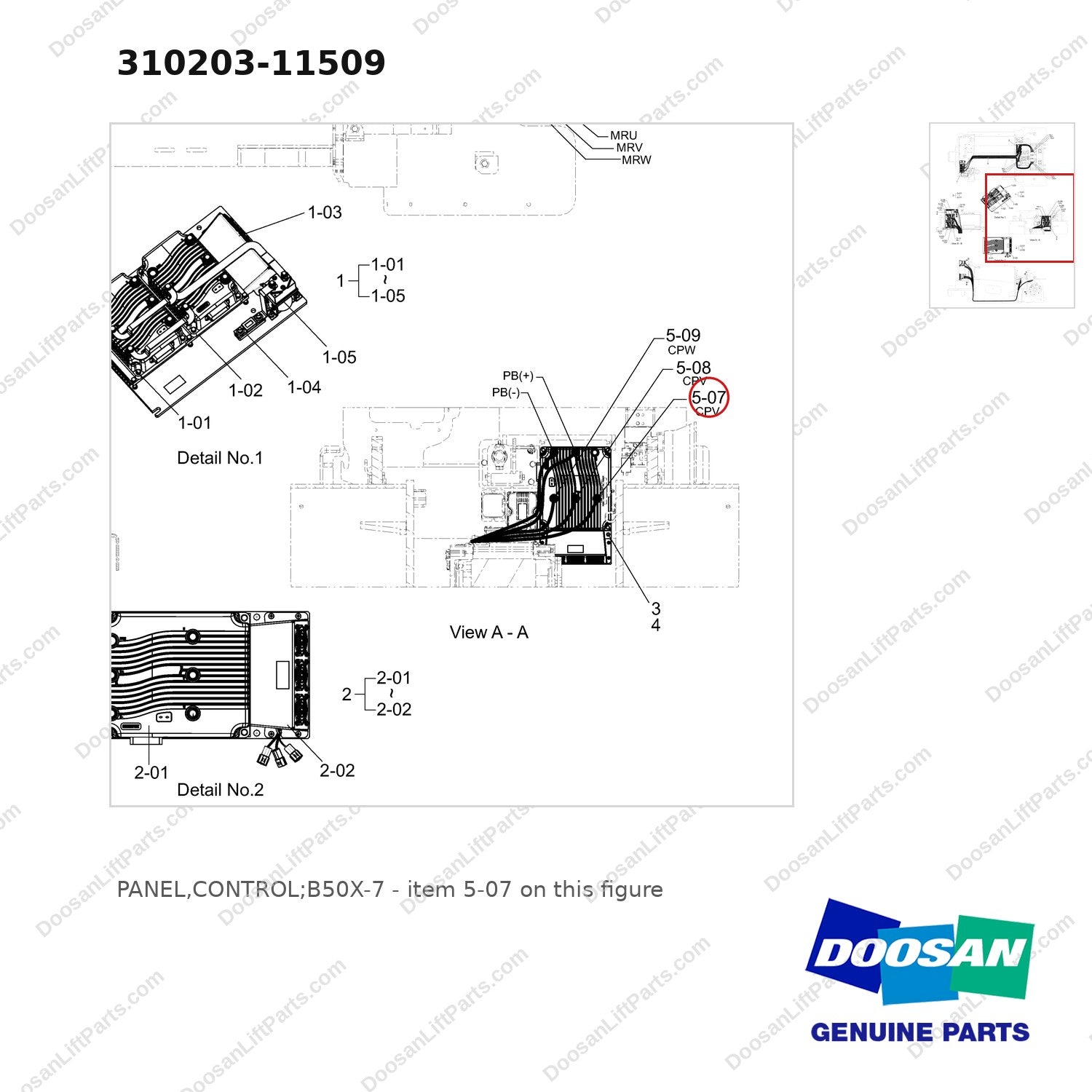 310203-11509 PANEL,CONTROL;B50X-7 - parts diagram, item 5-07 shown - genuine Doosan / Bobcat forklift part
