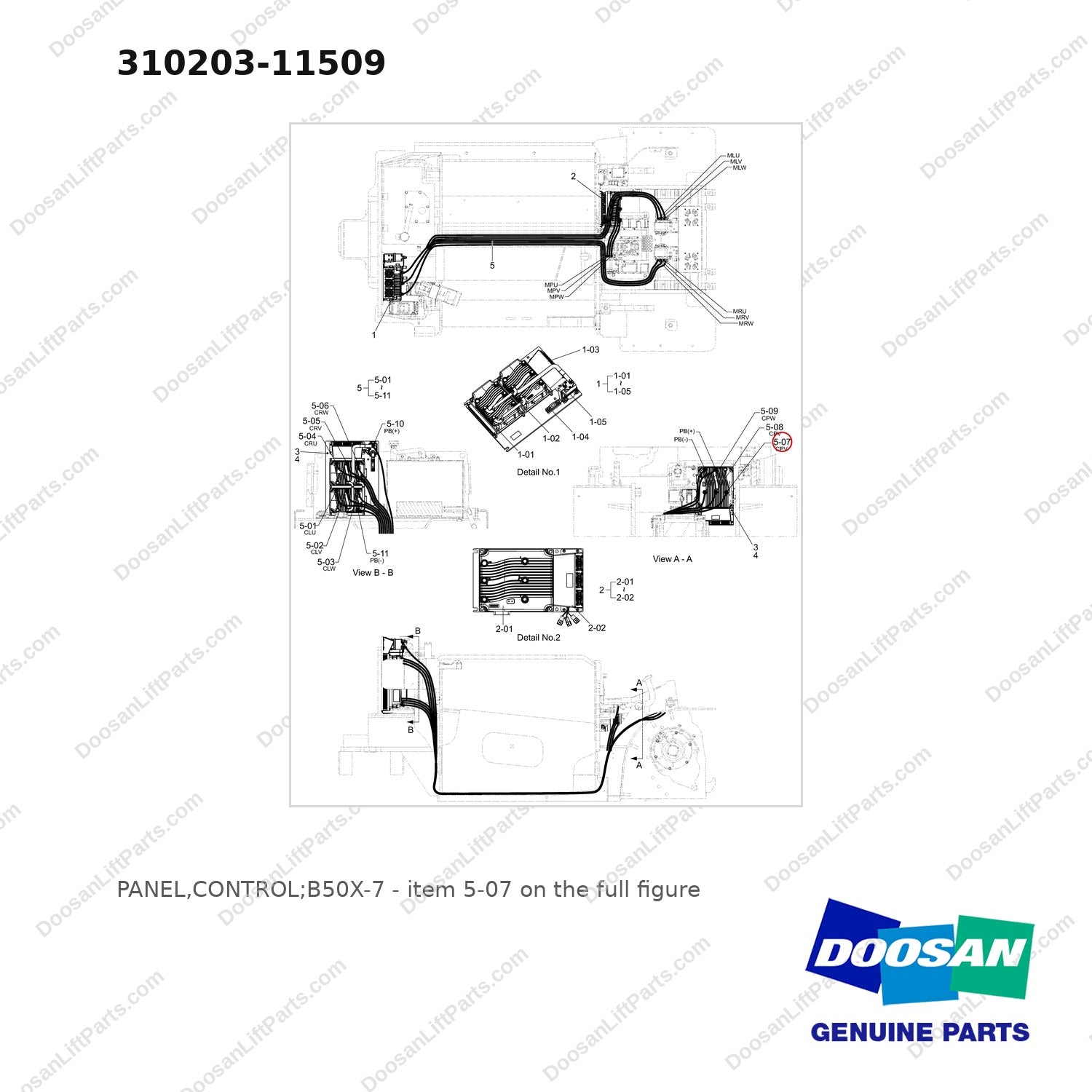 310203-11509 PANEL,CONTROL;B50X-7 - full parts diagram, item 5-07 marked - genuine Doosan / Bobcat forklift part