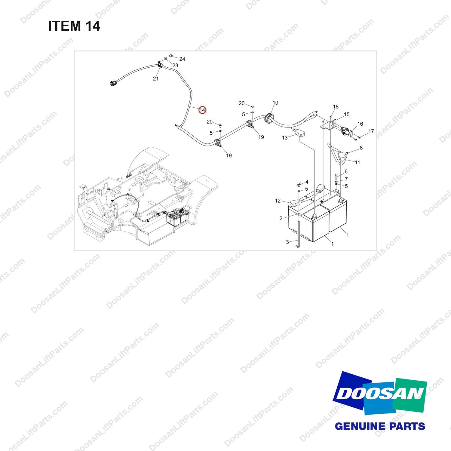 310203-11915 BATTERY GP;UL D TO DS - full parts diagram, item 14 marked - genuine Doosan / Bobcat forklift part